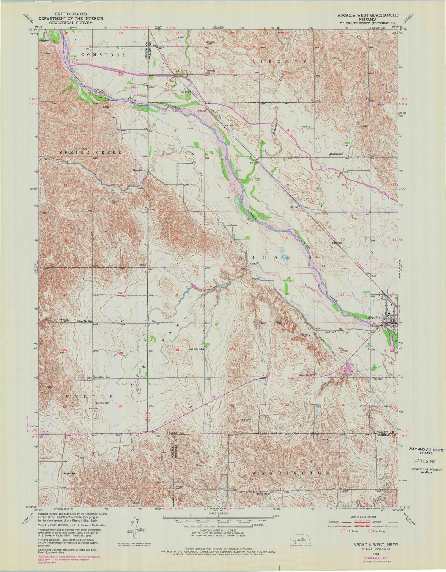 Classic USGS Arcadia West Nebraska 7.5'x7.5' Topo Map Image