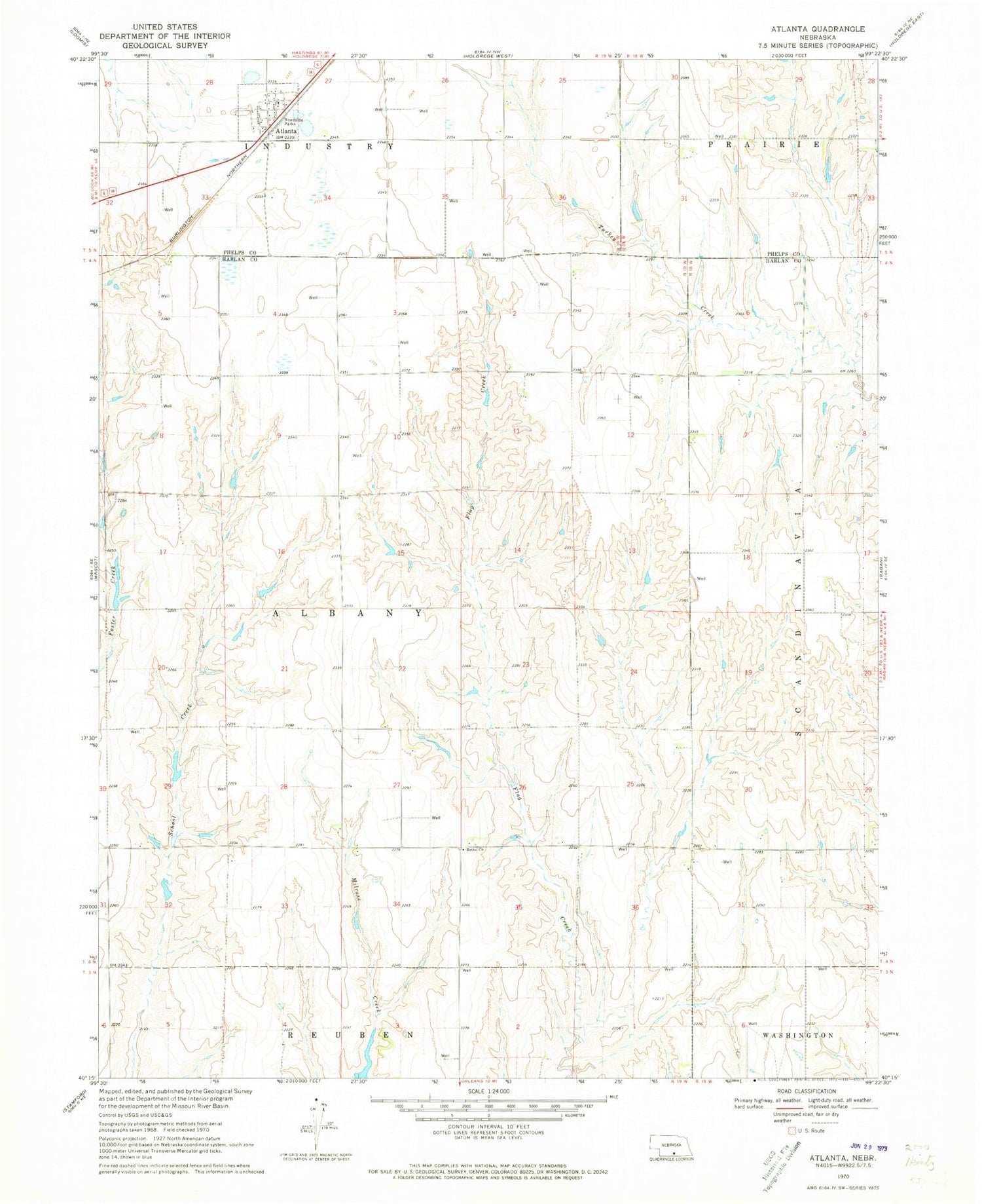 Classic USGS Atlanta Nebraska 7.5'x7.5' Topo Map Image
