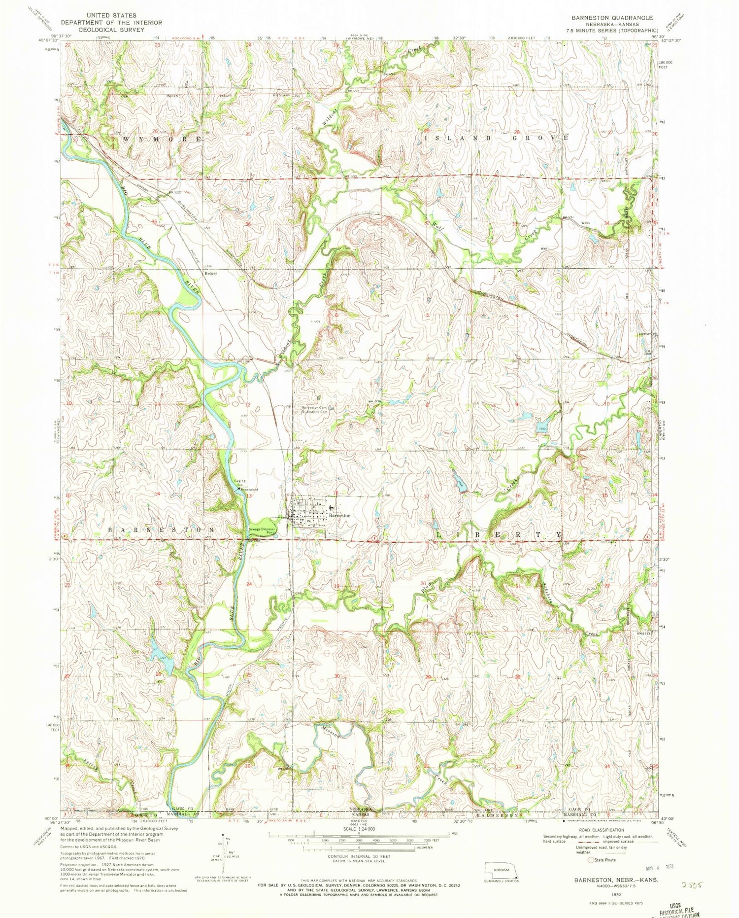 Classic USGS Barneston Nebraska 7.5'x7.5' Topo Map Image