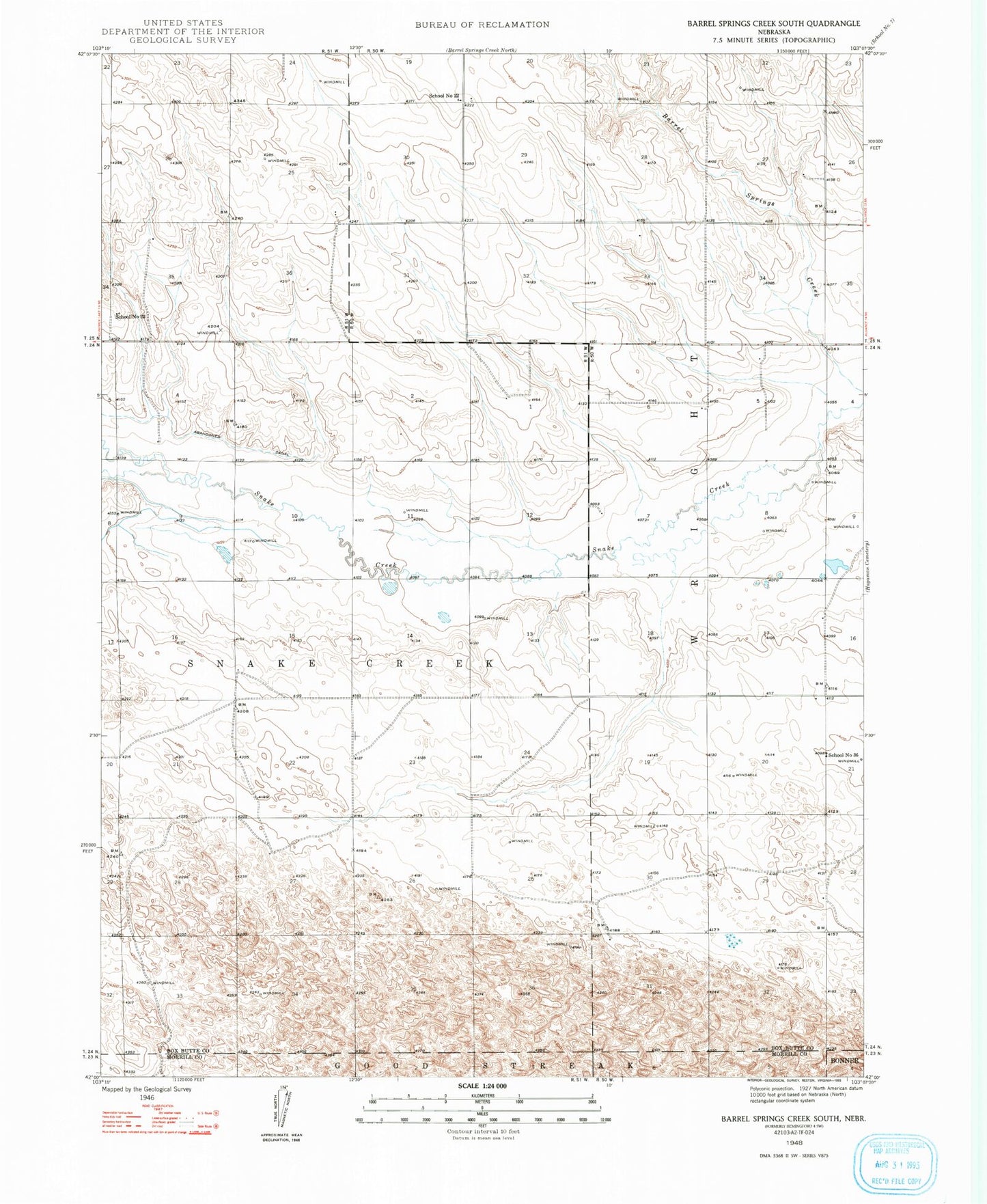 Classic USGS Barrel Springs Creek South Nebraska 7.5'x7.5' Topo Map Image