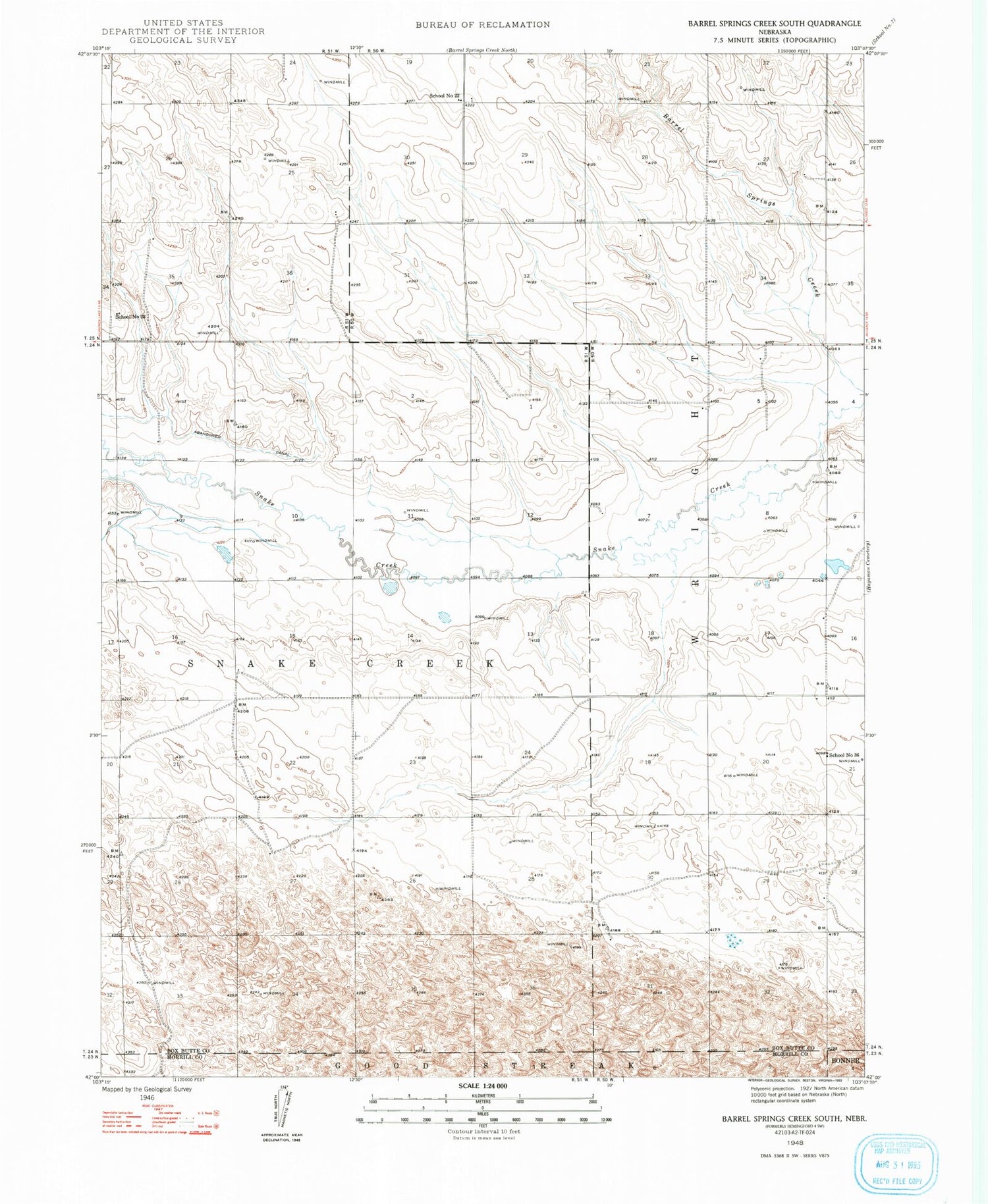 Classic USGS Barrel Springs Creek South Nebraska 7.5'x7.5' Topo Map Image