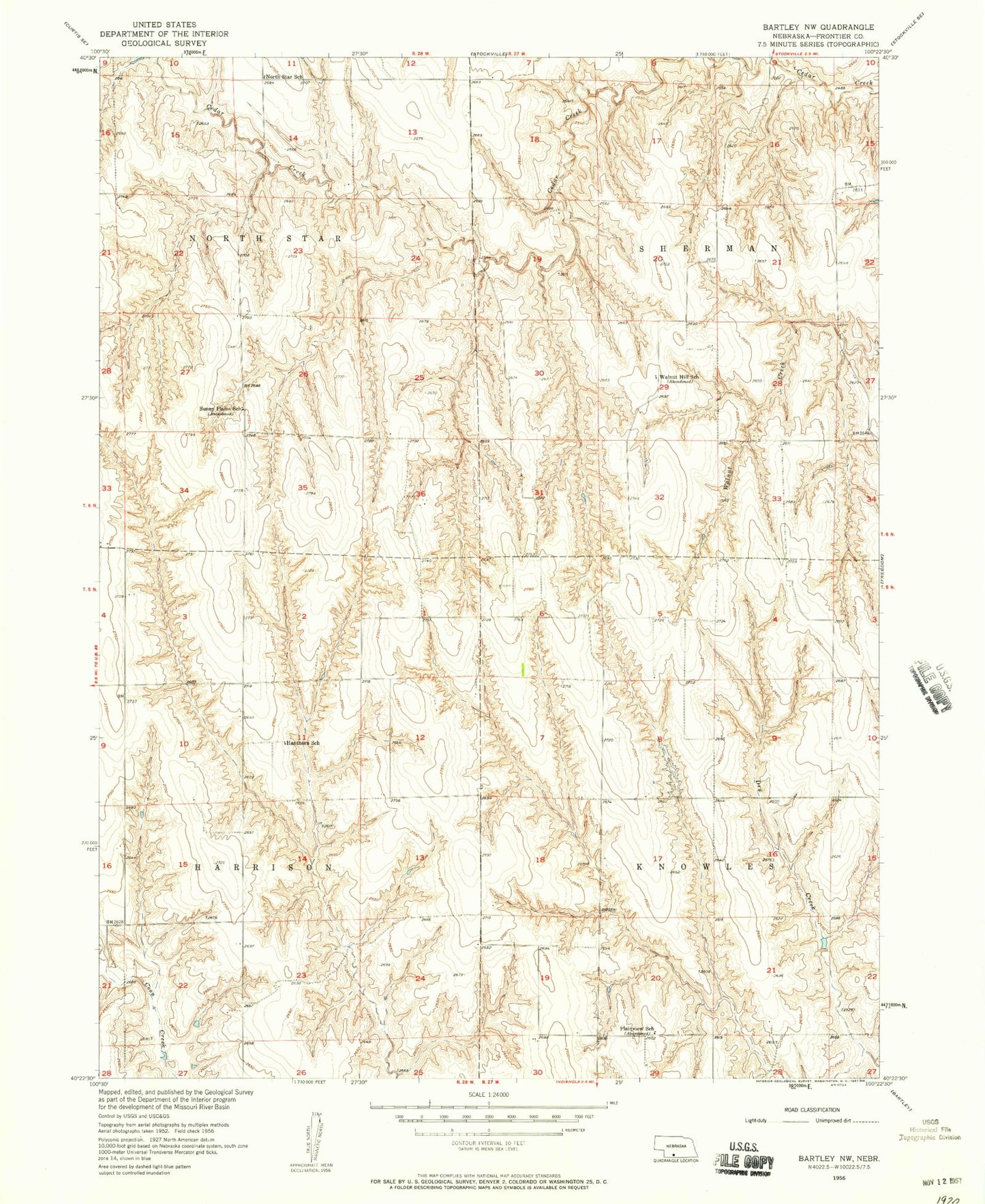 Classic USGS Bartley NW Nebraska 7.5'x7.5' Topo Map Image