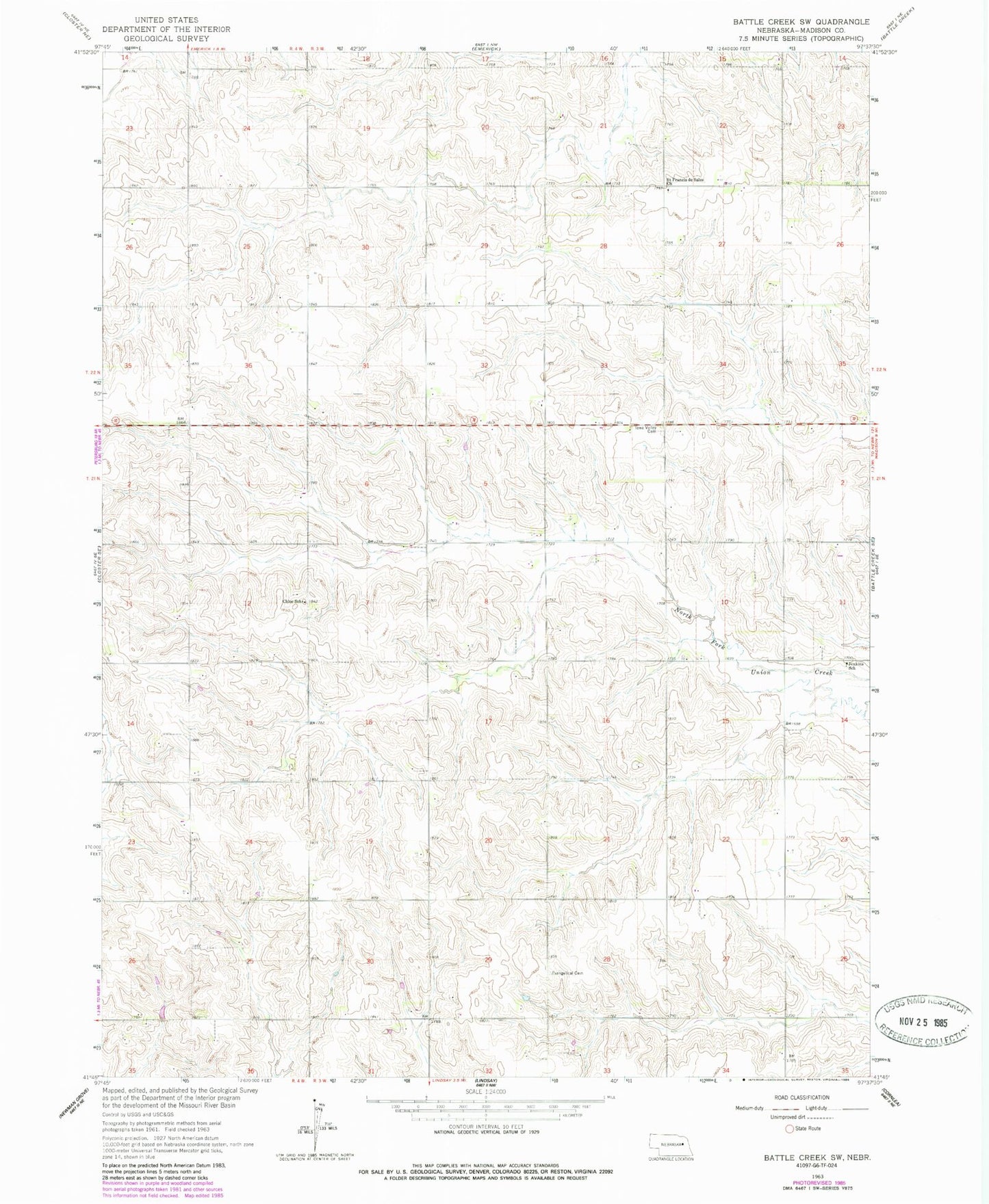 Classic USGS Battle Creek SW Nebraska 7.5'x7.5' Topo Map Image