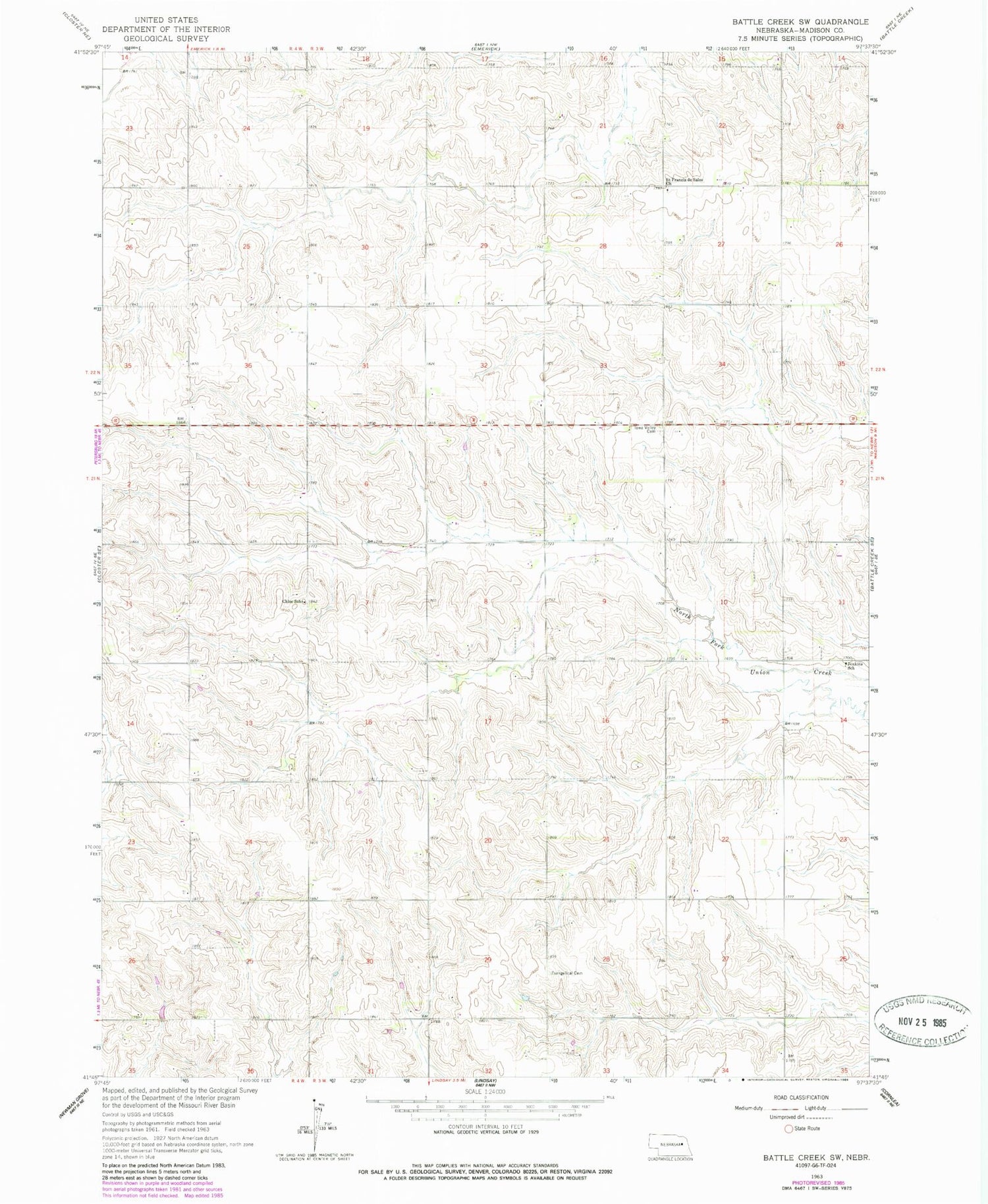 Classic USGS Battle Creek SW Nebraska 7.5'x7.5' Topo Map Image