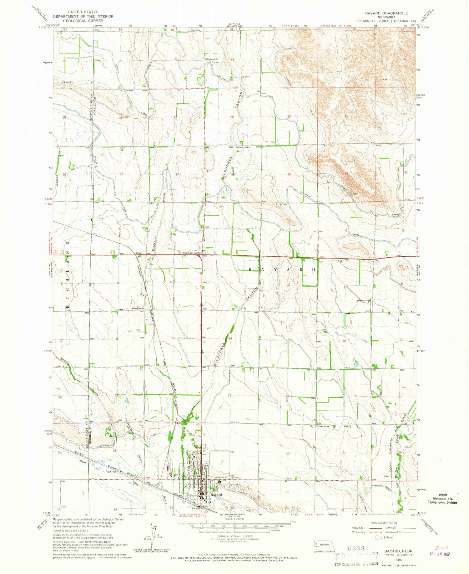 Classic USGS Bayard Nebraska 7.5'x7.5' Topo Map Image
