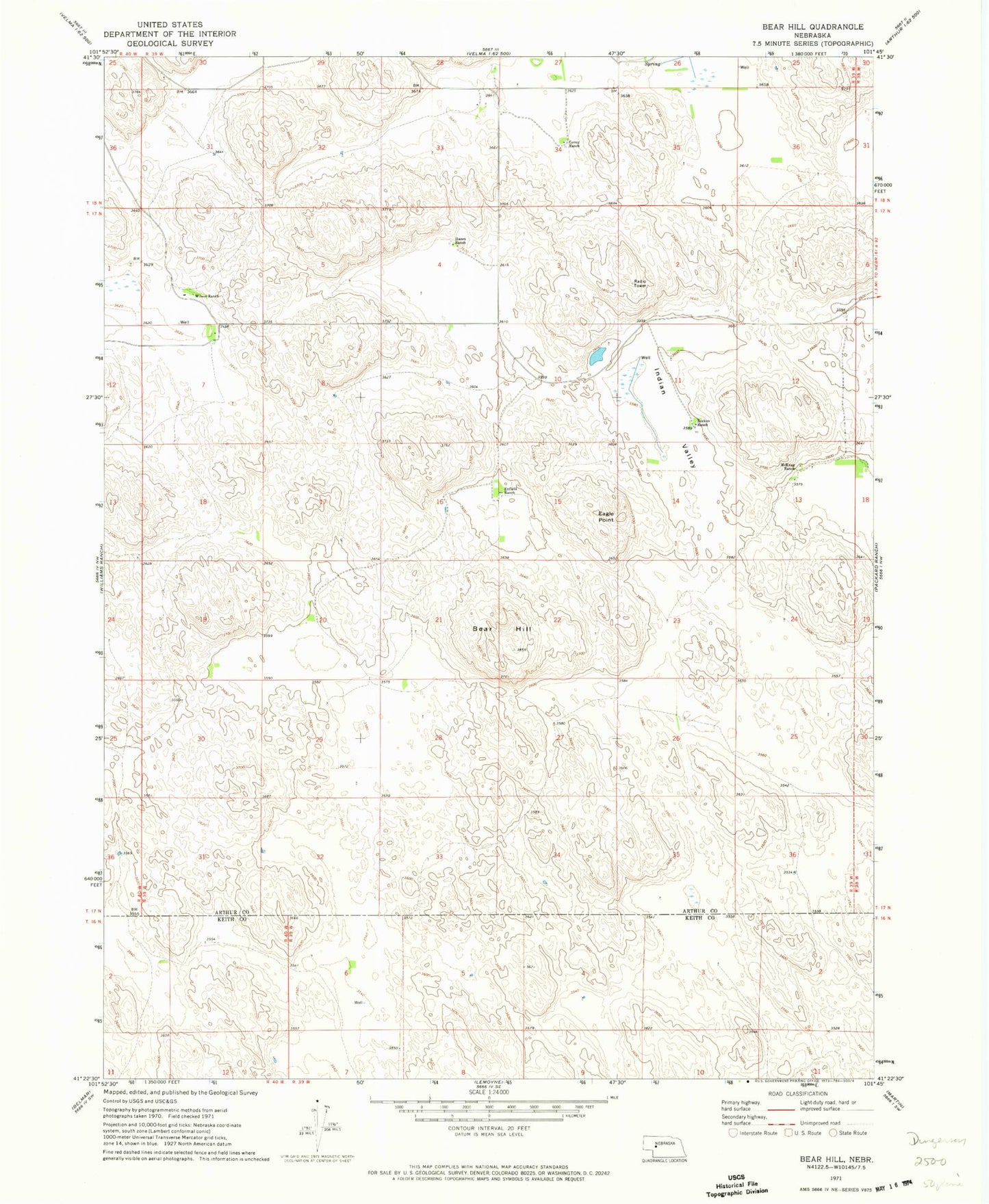 Classic USGS Bear Hill Nebraska 7.5'x7.5' Topo Map Image