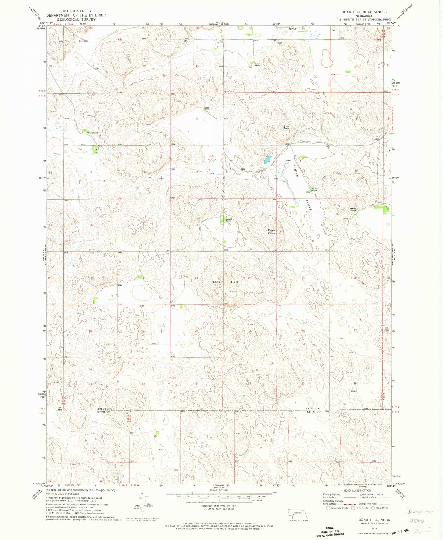 Classic USGS Bear Hill Nebraska 7.5'x7.5' Topo Map Image