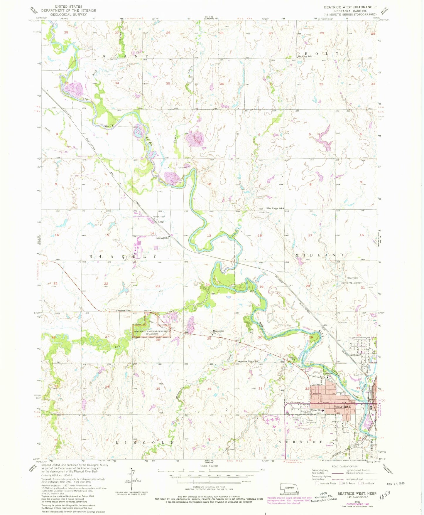 Classic USGS Beatrice West Nebraska 7.5'x7.5' Topo Map Image