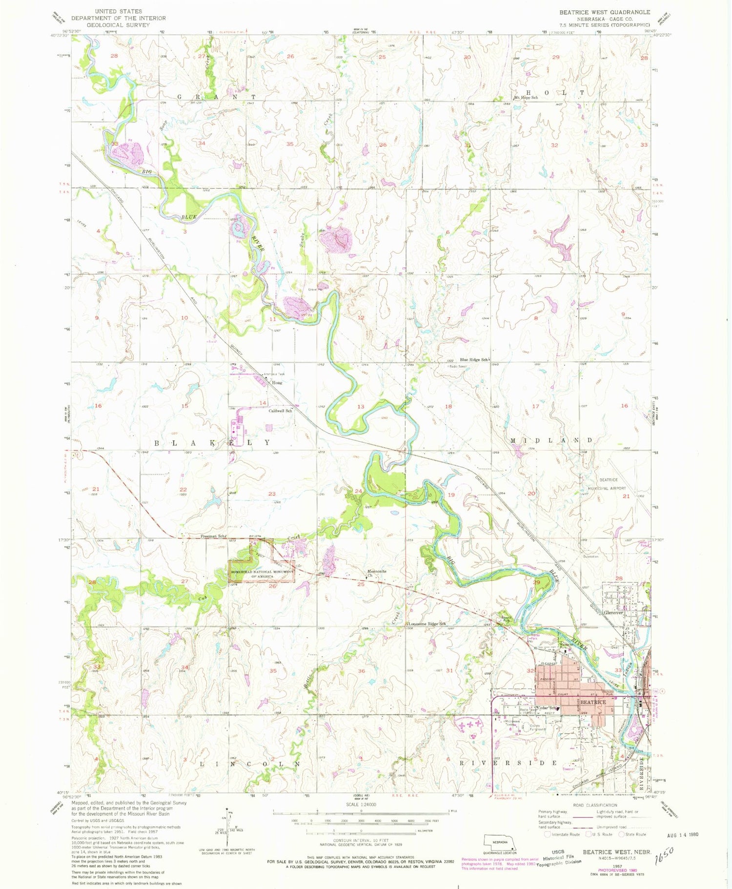 Classic USGS Beatrice West Nebraska 7.5'x7.5' Topo Map Image