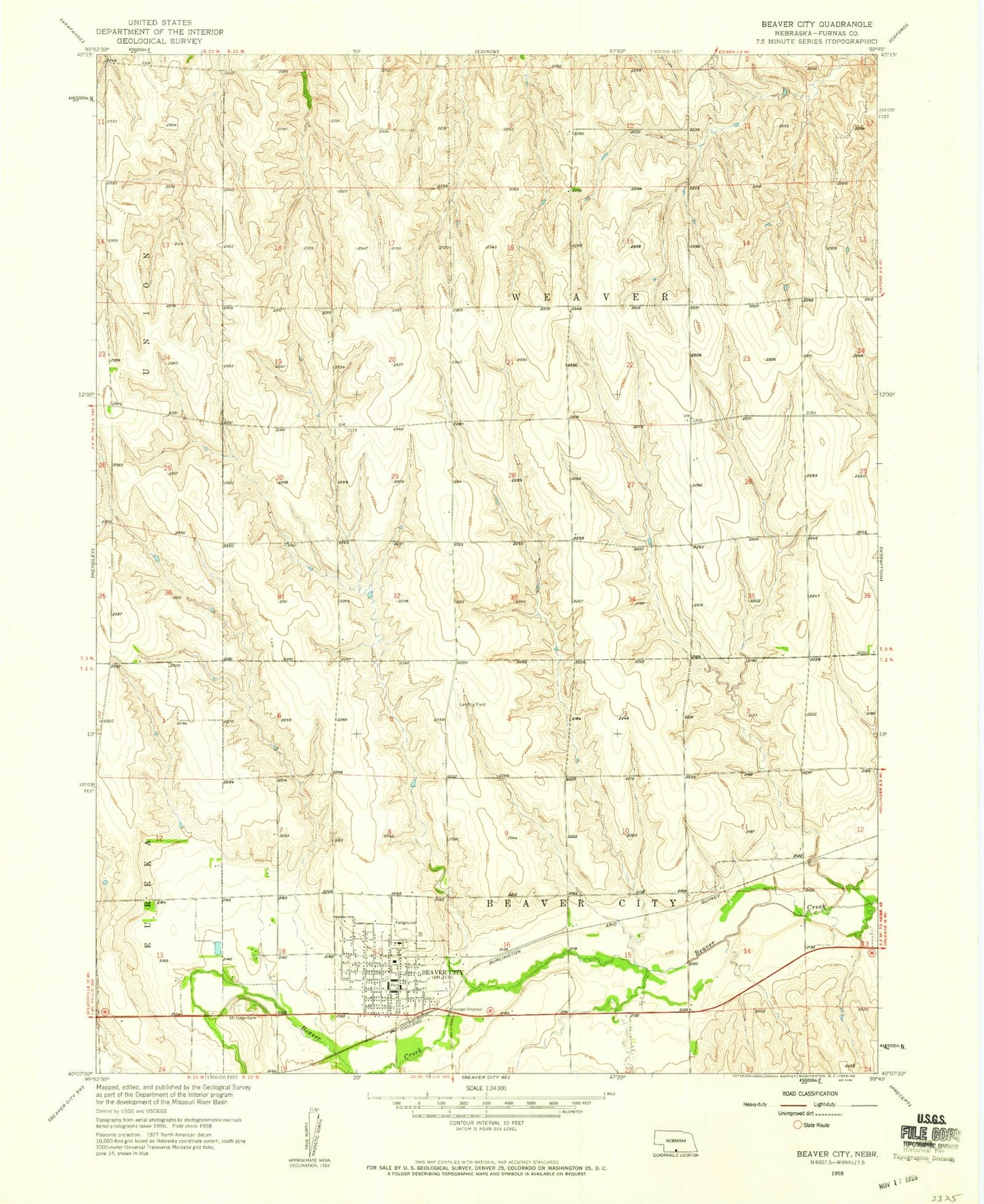 Classic USGS Beaver City Nebraska 7.5'x7.5' Topo Map Image