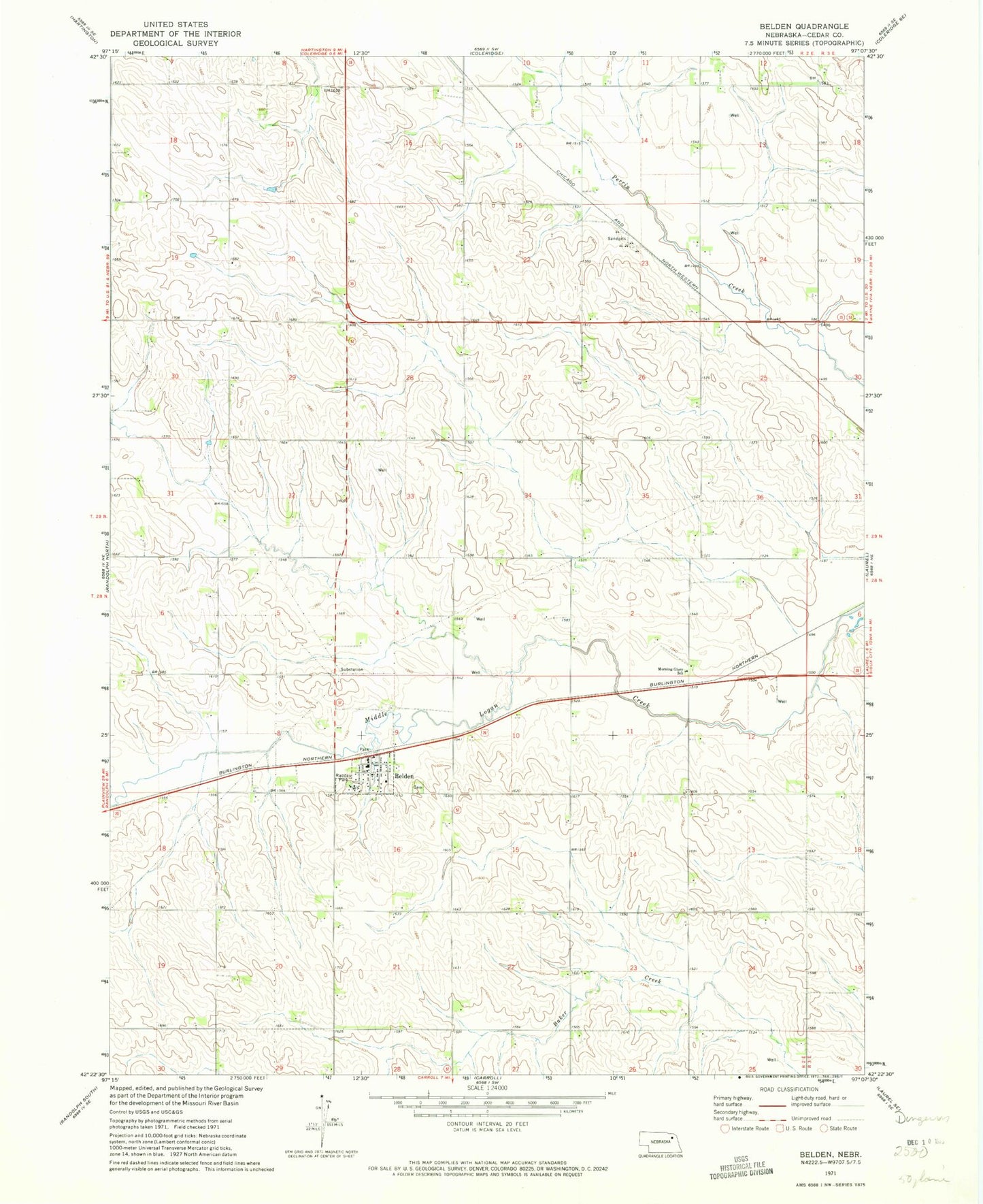 Classic USGS Belden Nebraska 7.5'x7.5' Topo Map Image