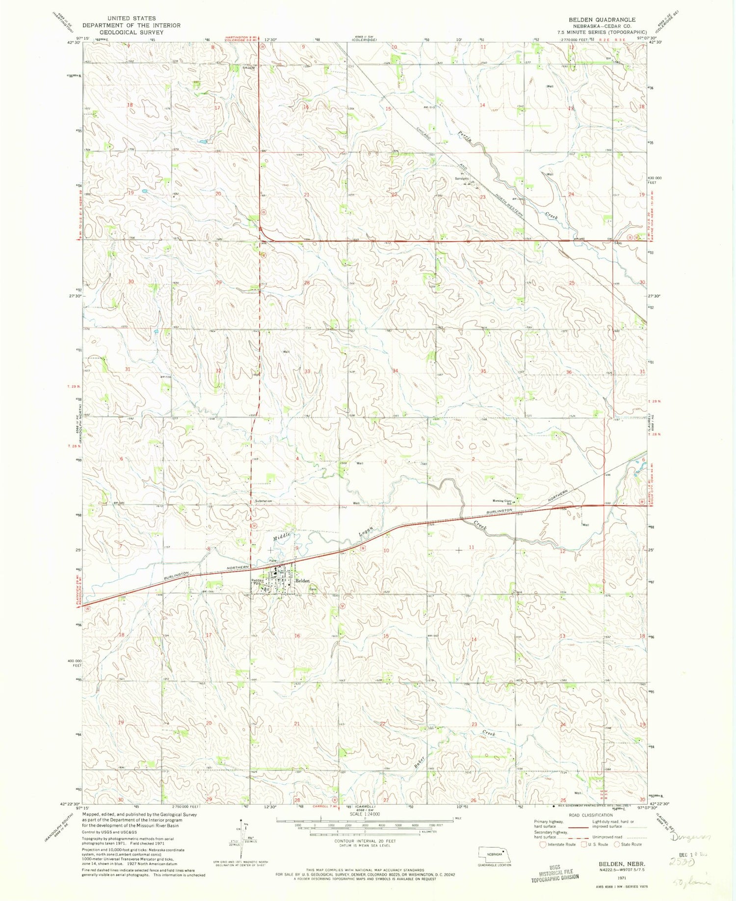 Classic USGS Belden Nebraska 7.5'x7.5' Topo Map Image