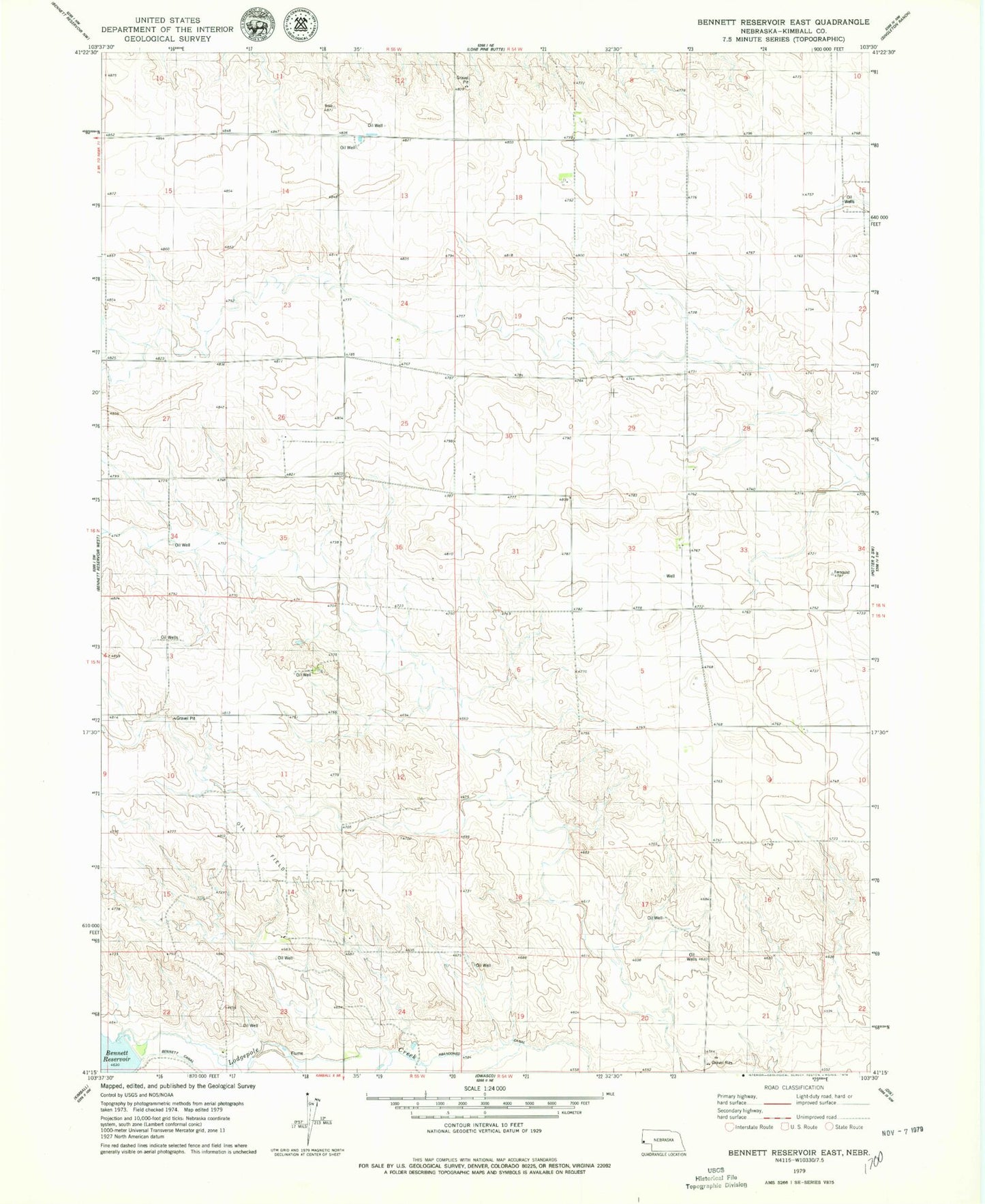 Classic USGS Bennett Reservoir East Nebraska 7.5'x7.5' Topo Map Image