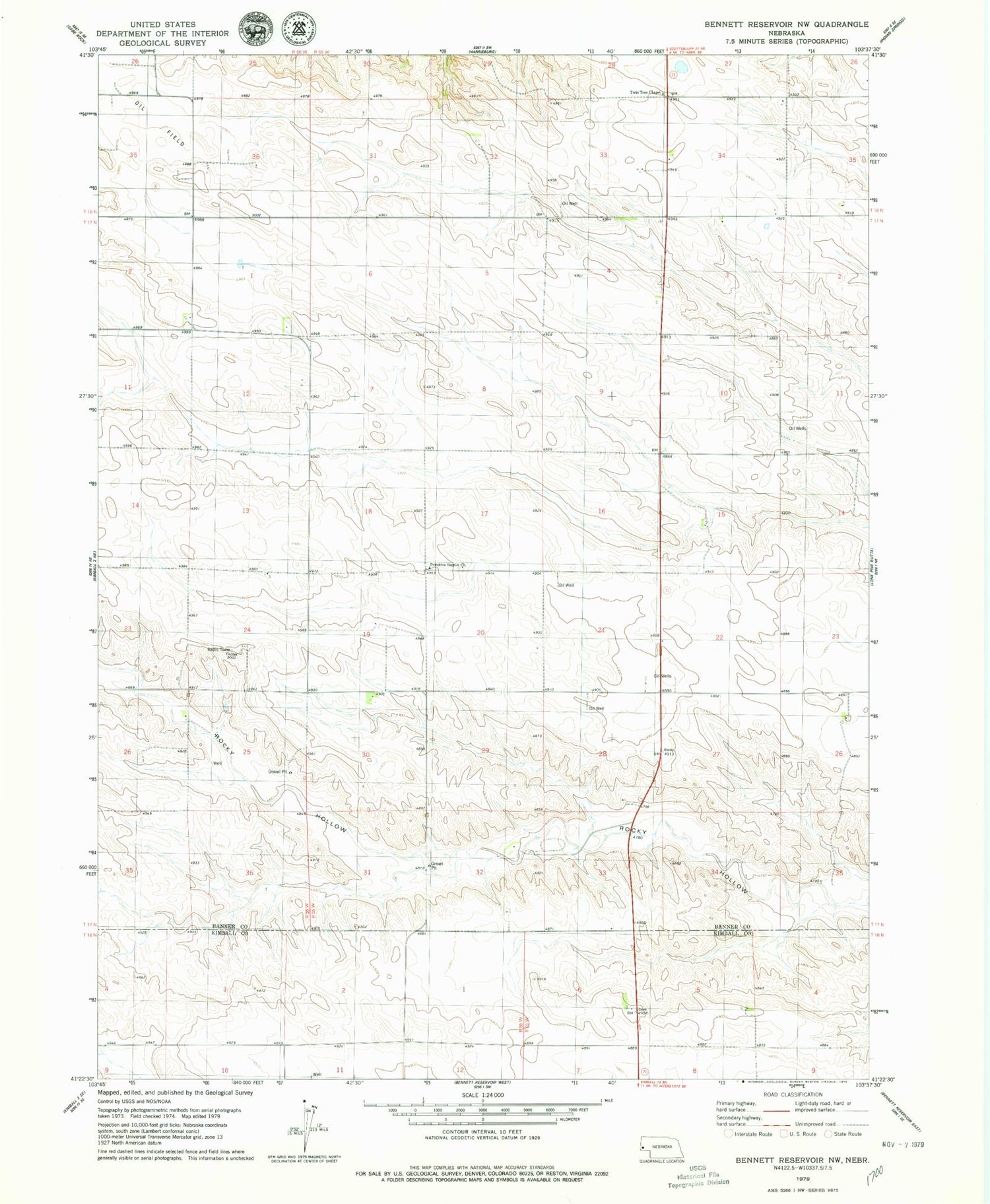 Classic USGS Bennett Reservoir NW Nebraska 7.5'x7.5' Topo Map Image