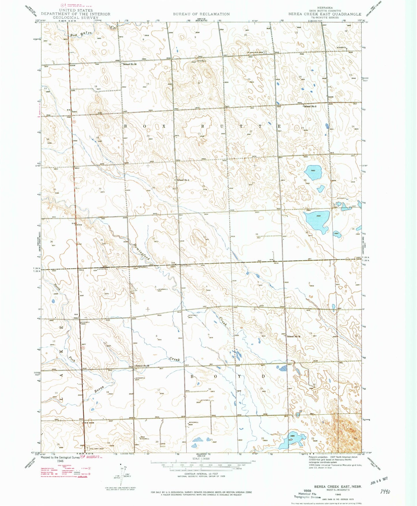 Classic USGS Berea Creek East Nebraska 7.5'x7.5' Topo Map Image