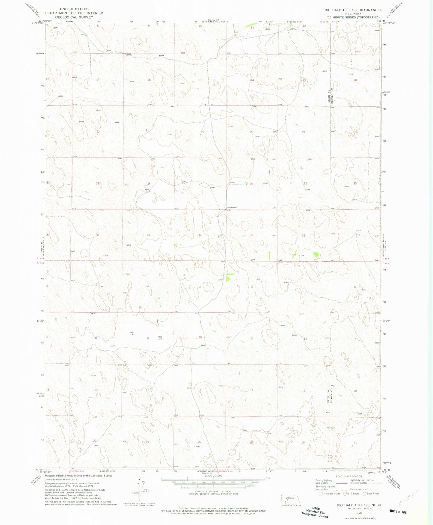 Classic USGS Big Bald Hill SE Nebraska 7.5'x7.5' Topo Map Image