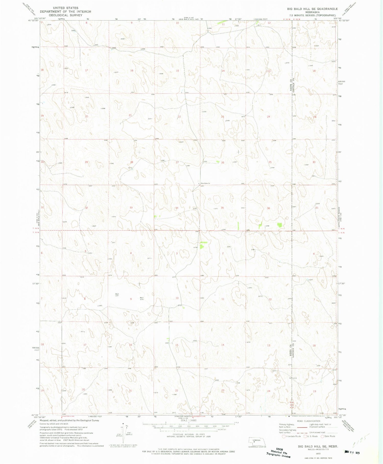 Classic USGS Big Bald Hill SE Nebraska 7.5'x7.5' Topo Map Image