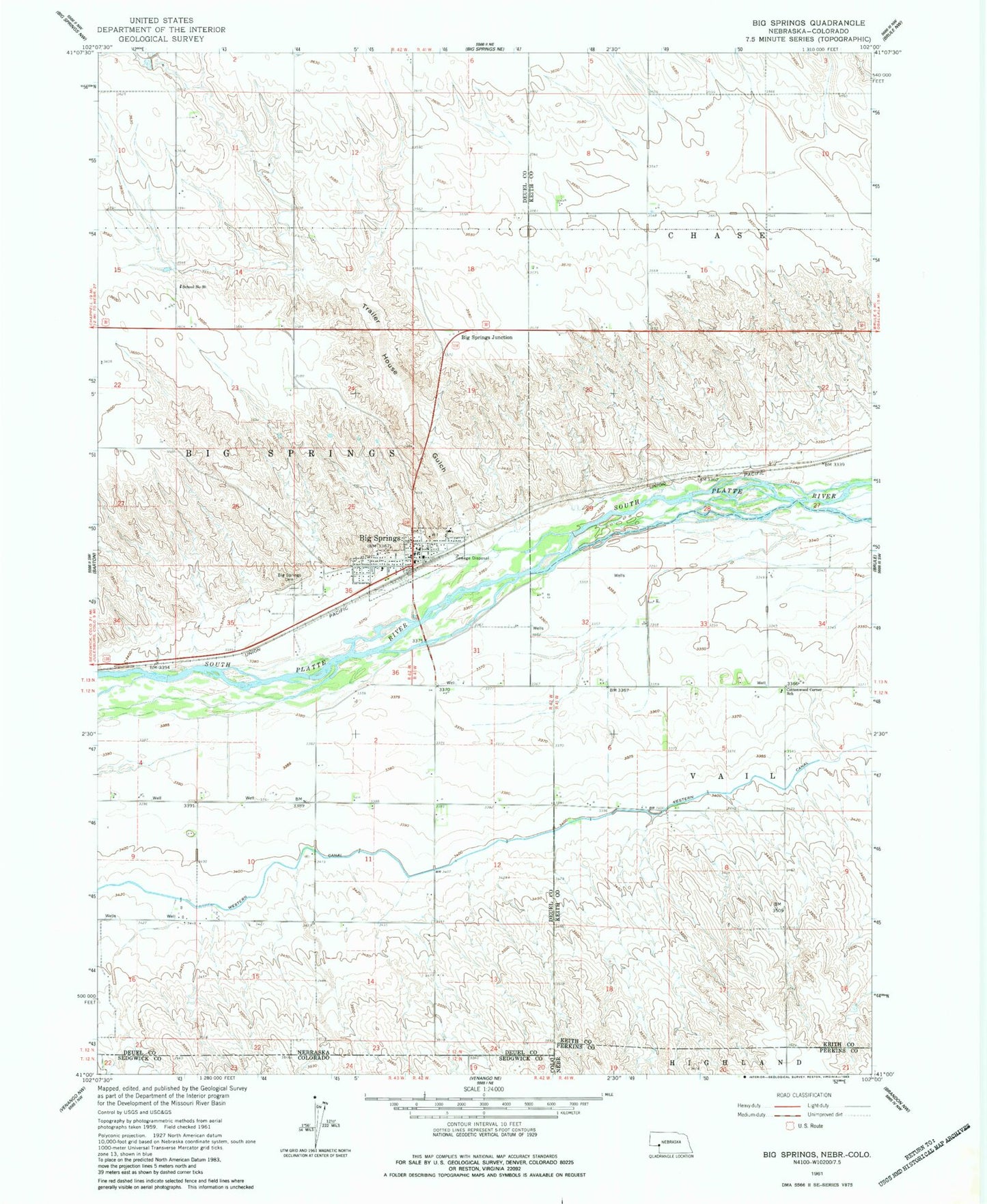 Classic USGS Big Springs Nebraska 7.5'x7.5' Topo Map Image