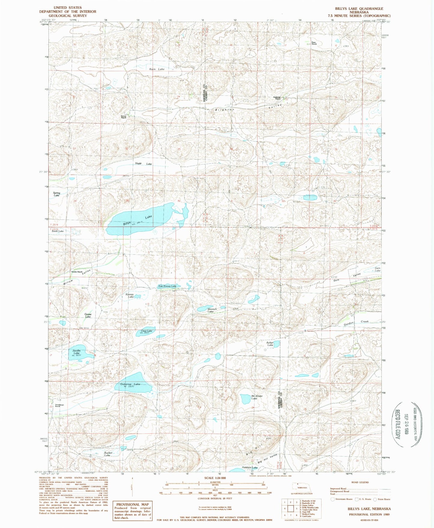 Classic USGS Billys Lake Nebraska 7.5'x7.5' Topo Map Image