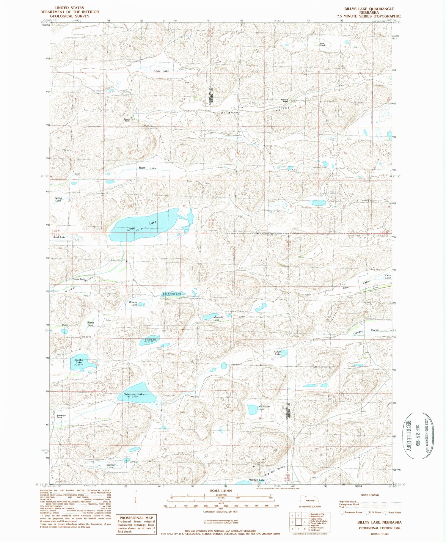 Classic USGS Billys Lake Nebraska 7.5'x7.5' Topo Map Image