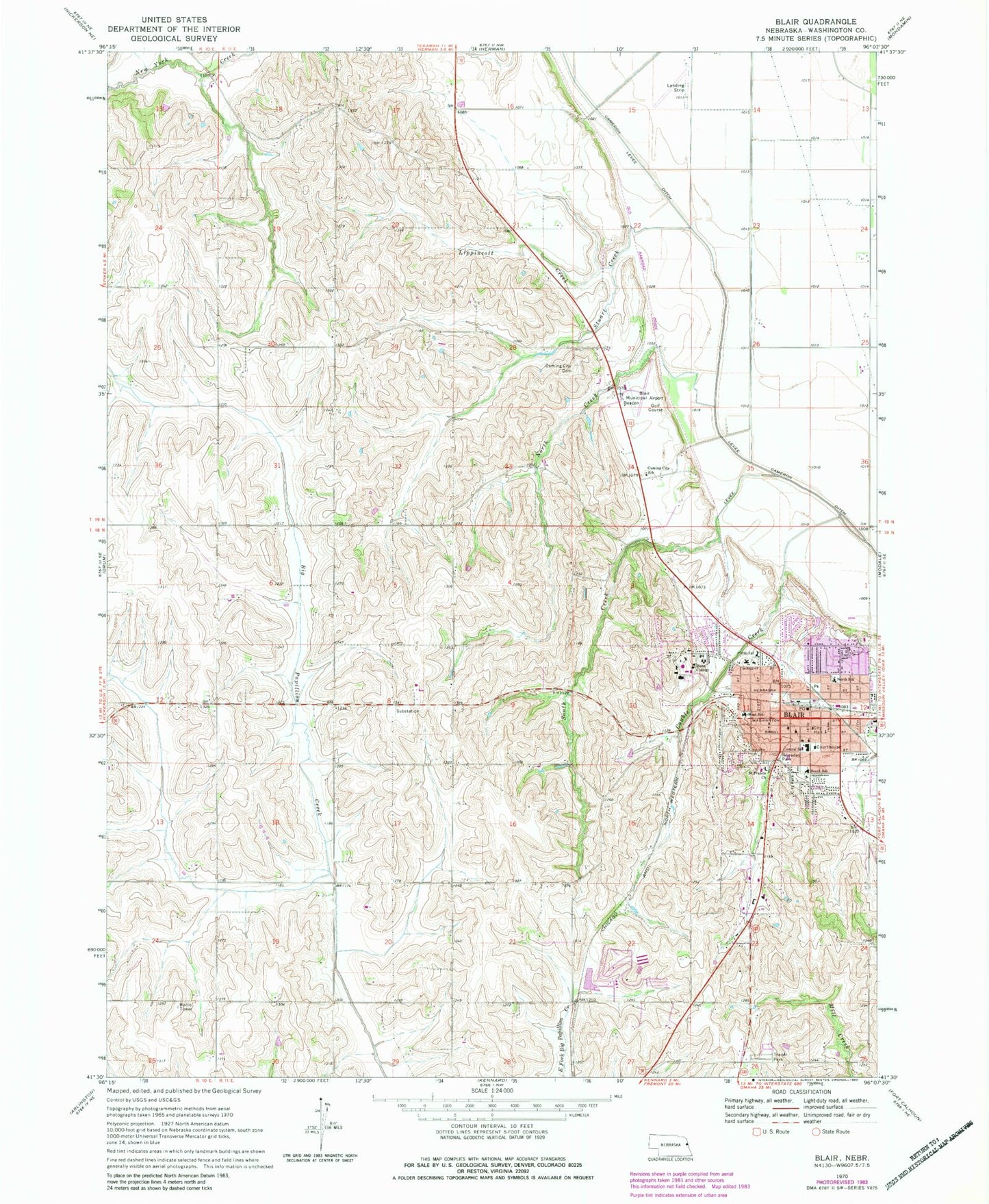 Classic USGS Blair Nebraska 7.5'x7.5' Topo Map Image