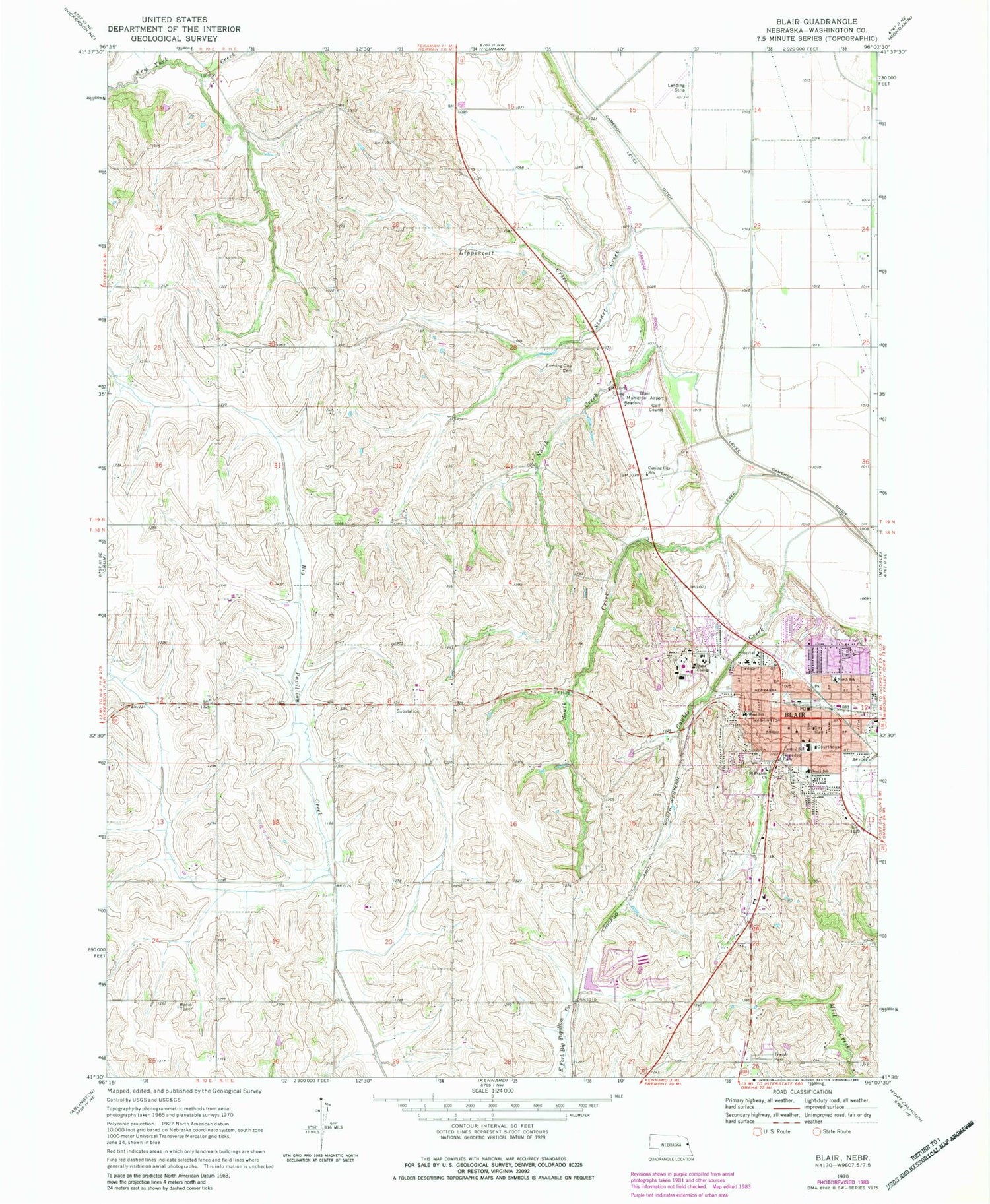 Classic USGS Blair Nebraska 7.5'x7.5' Topo Map Image