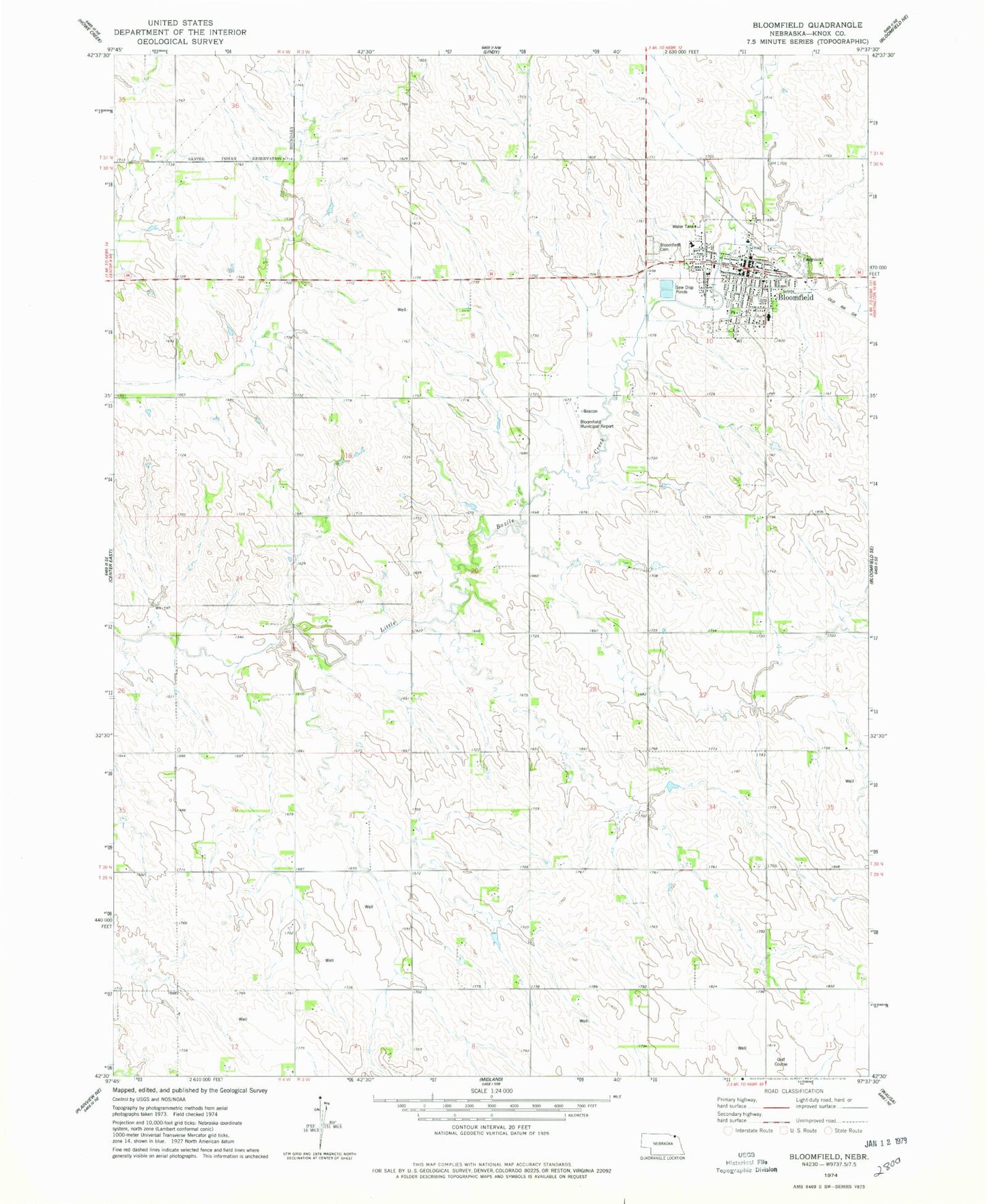 Classic USGS Bloomfield Nebraska 7.5'x7.5' Topo Map Image