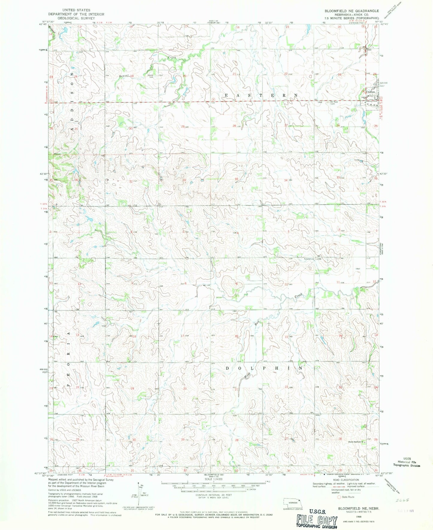 Classic USGS Bloomfield NE Nebraska 7.5'x7.5' Topo Map Image