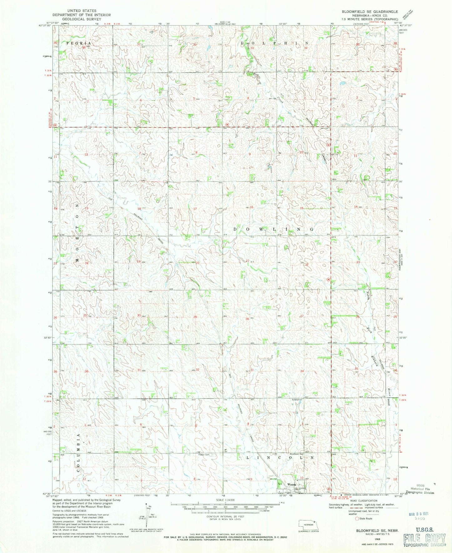 Classic USGS Bloomfield SE Nebraska 7.5'x7.5' Topo Map Image