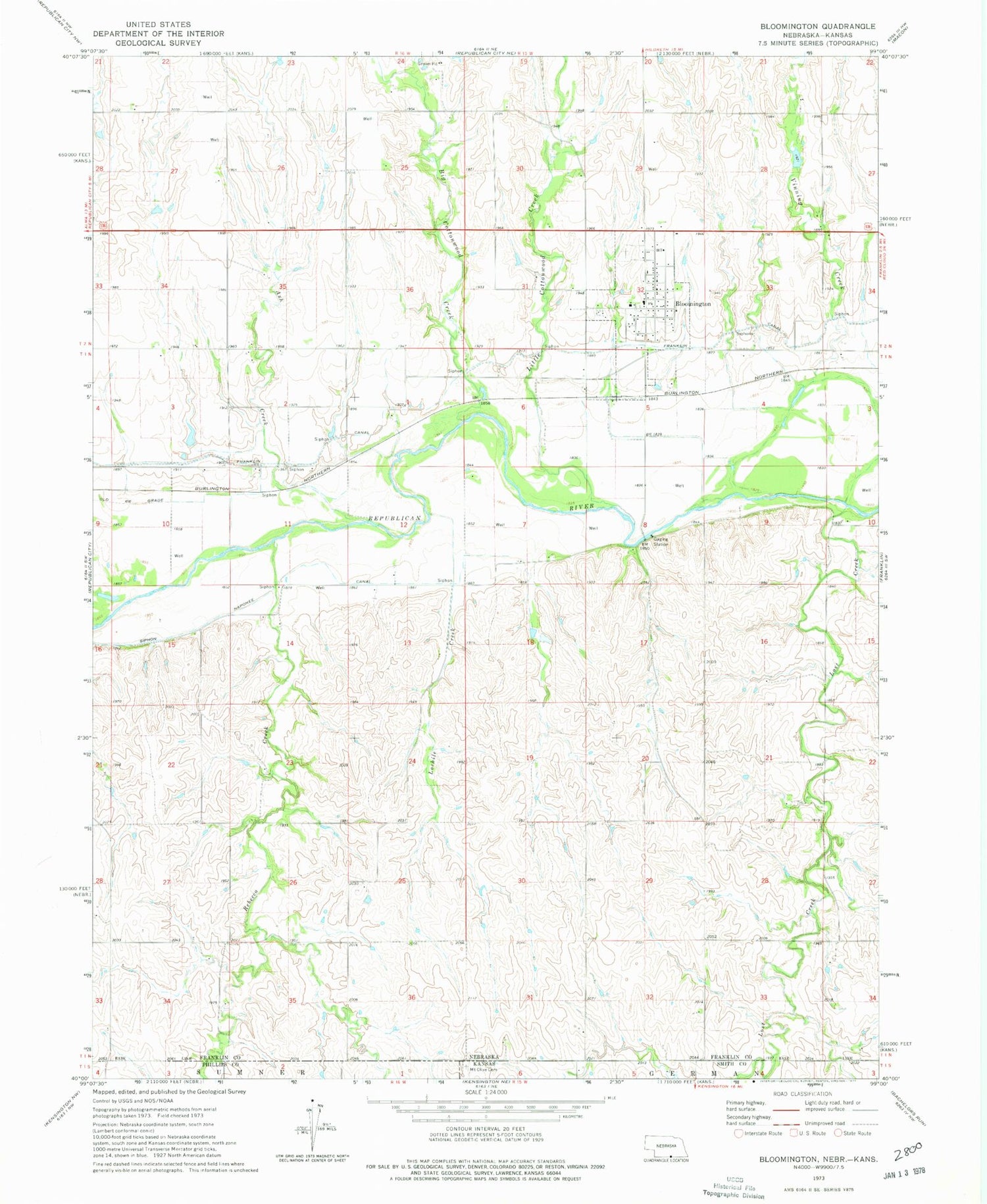 Classic USGS Bloomington Nebraska 7.5'x7.5' Topo Map Image