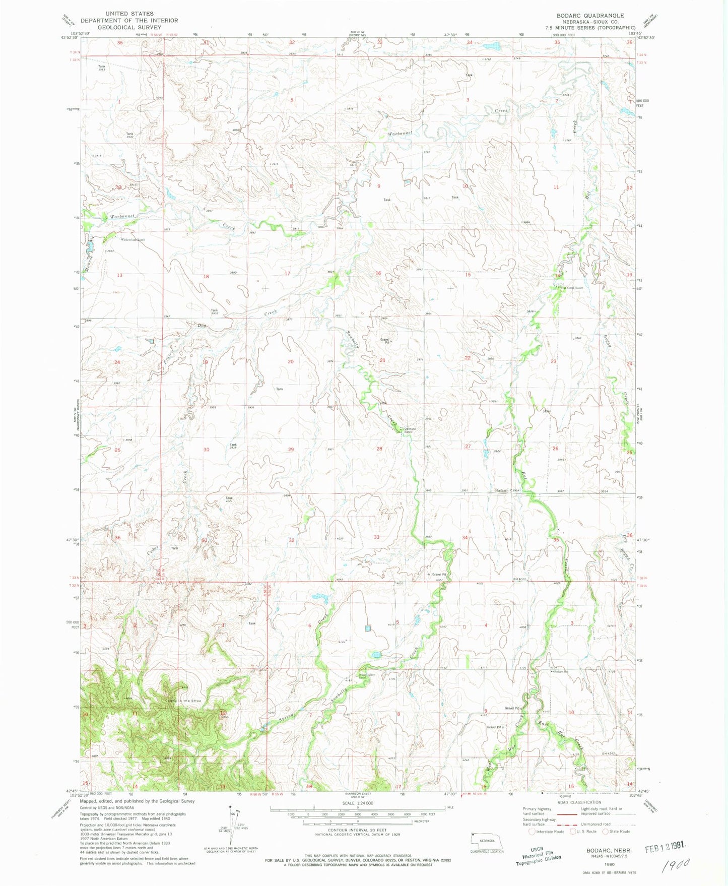 Classic USGS Bodarc Nebraska 7.5'x7.5' Topo Map Image