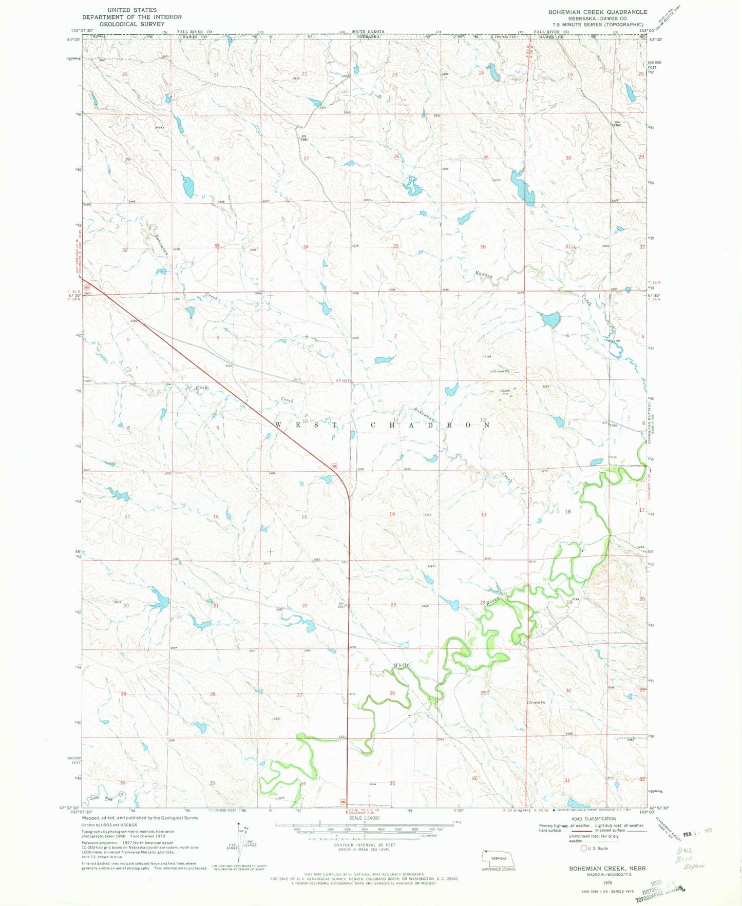Classic USGS Bohemian Creek Nebraska 7.5'x7.5' Topo Map Image