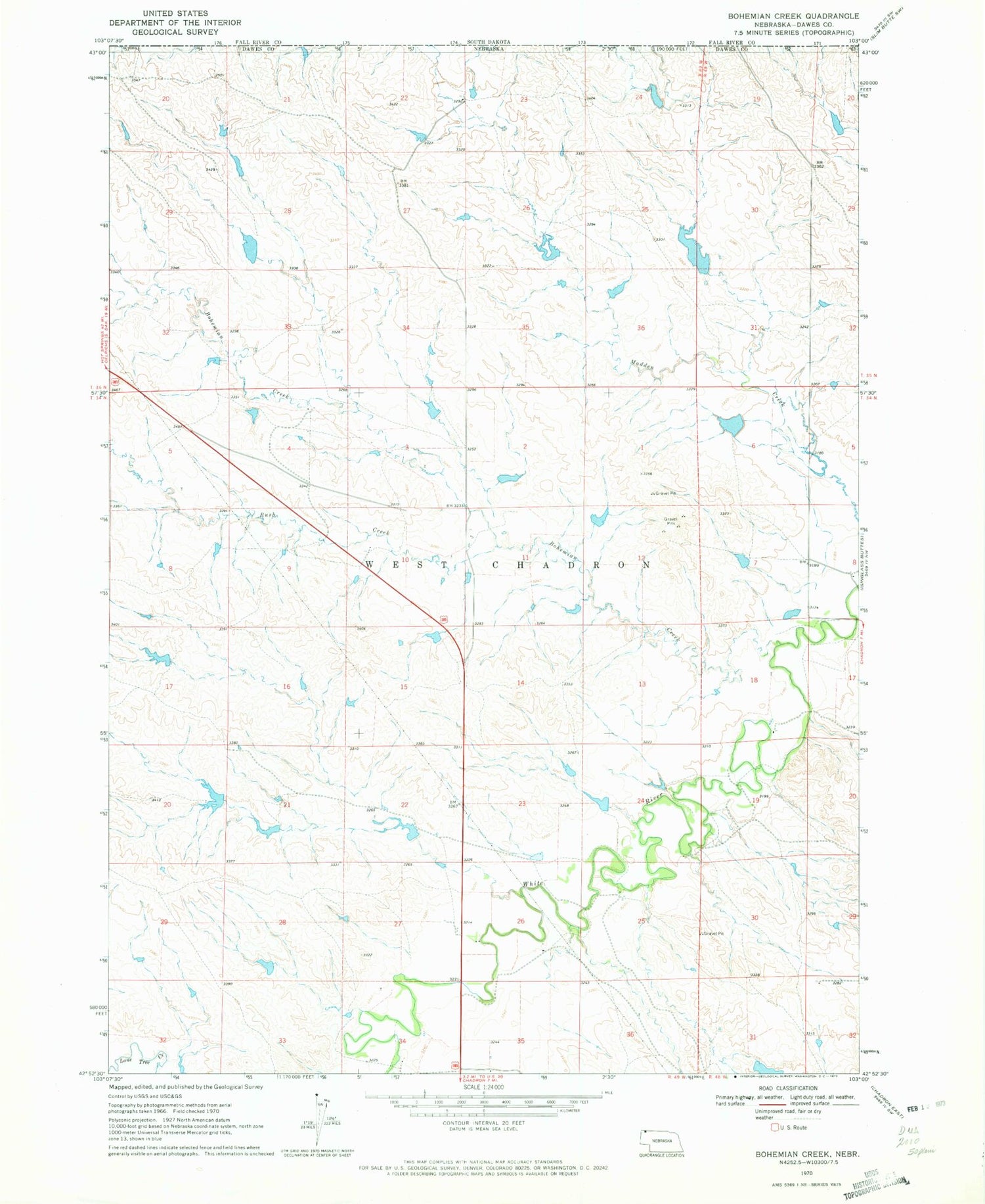 Classic USGS Bohemian Creek Nebraska 7.5'x7.5' Topo Map Image