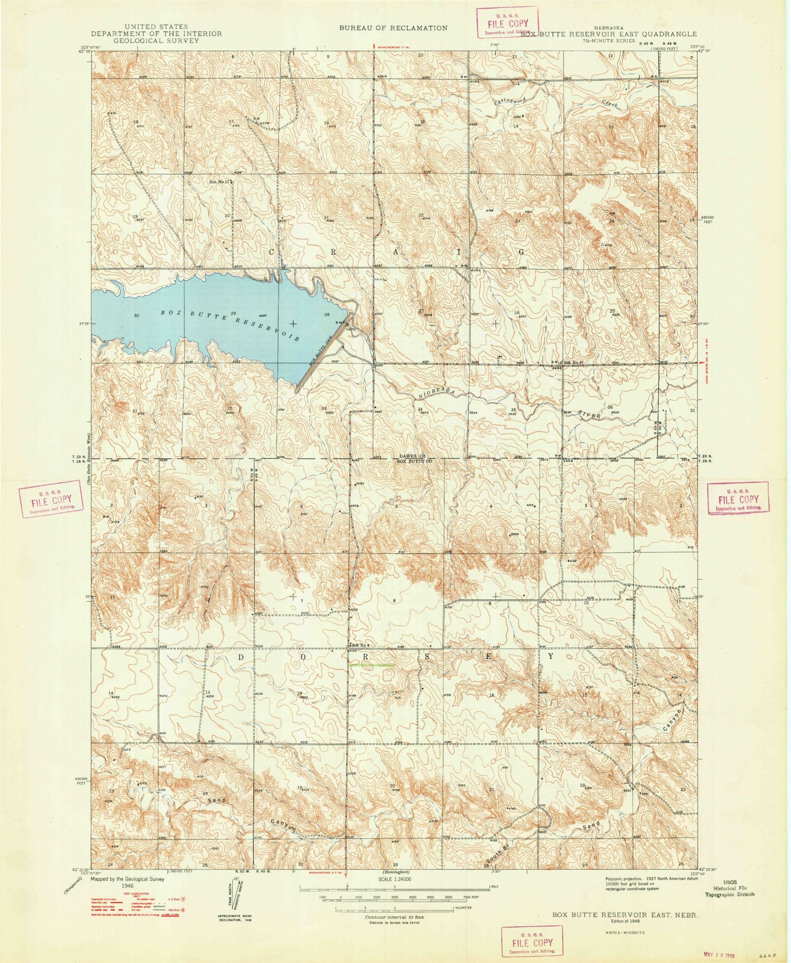 Classic USGS Box Butte Reservoir East Nebraska 7.5'x7.5' Topo Map