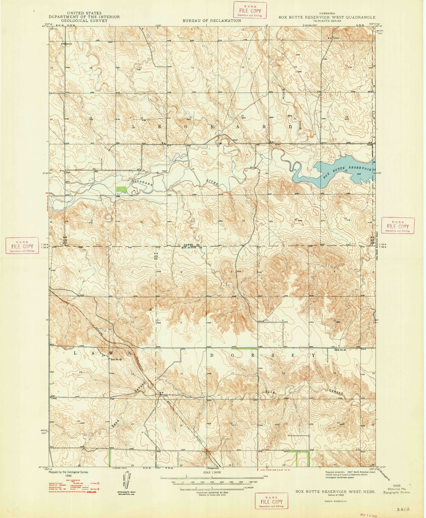 Classic USGS Box Butte Reservoir West Nebraska 7.5'x7.5' Topo Map Image