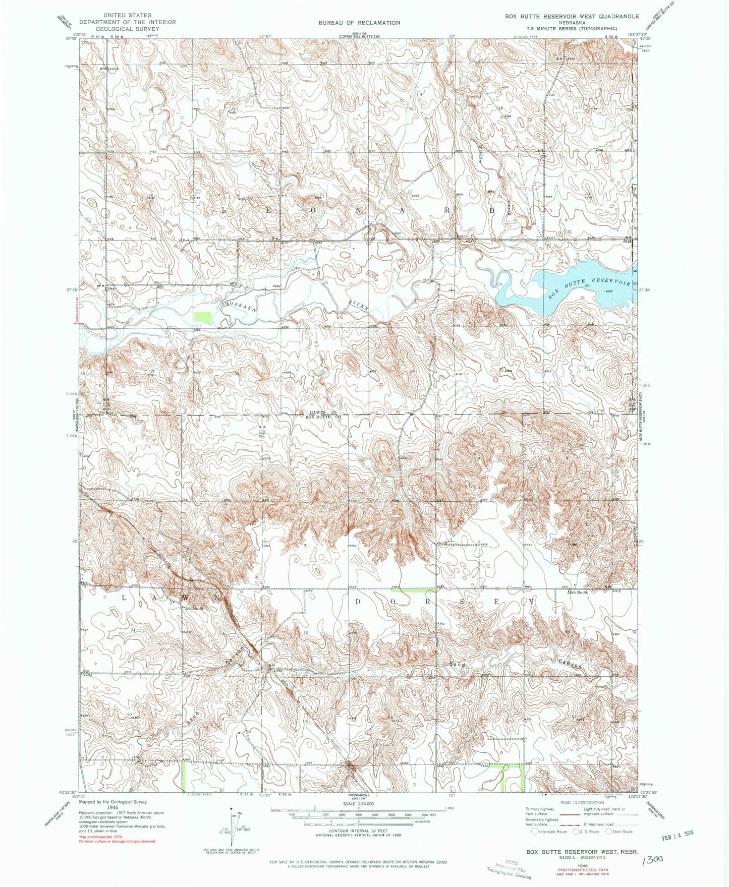 Classic USGS Box Butte Reservoir West Nebraska 7.5'x7.5' Topo Map Image