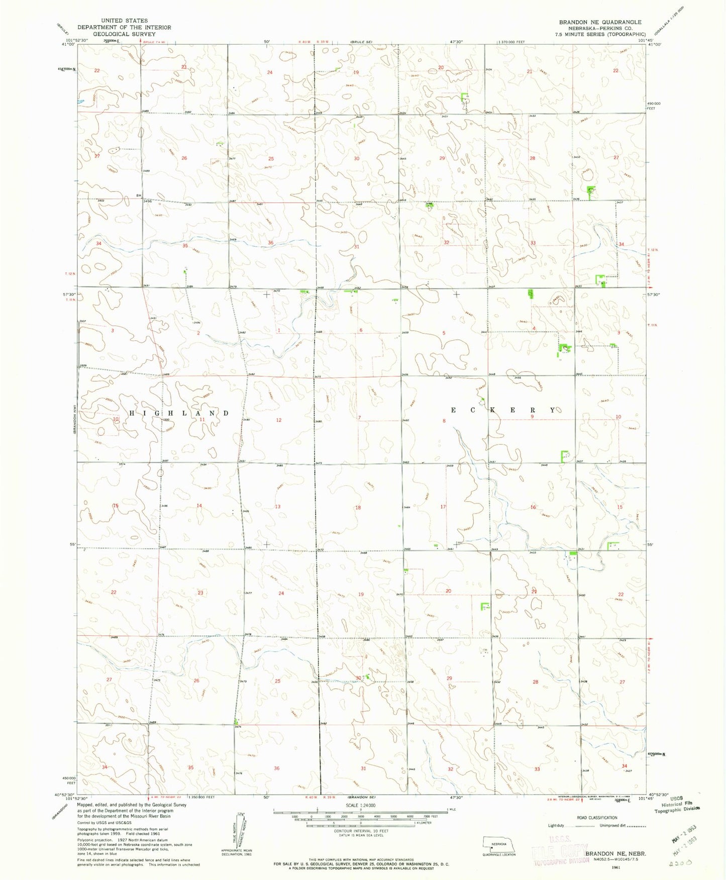 Classic USGS Brandon NE Nebraska 7.5'x7.5' Topo Map Image