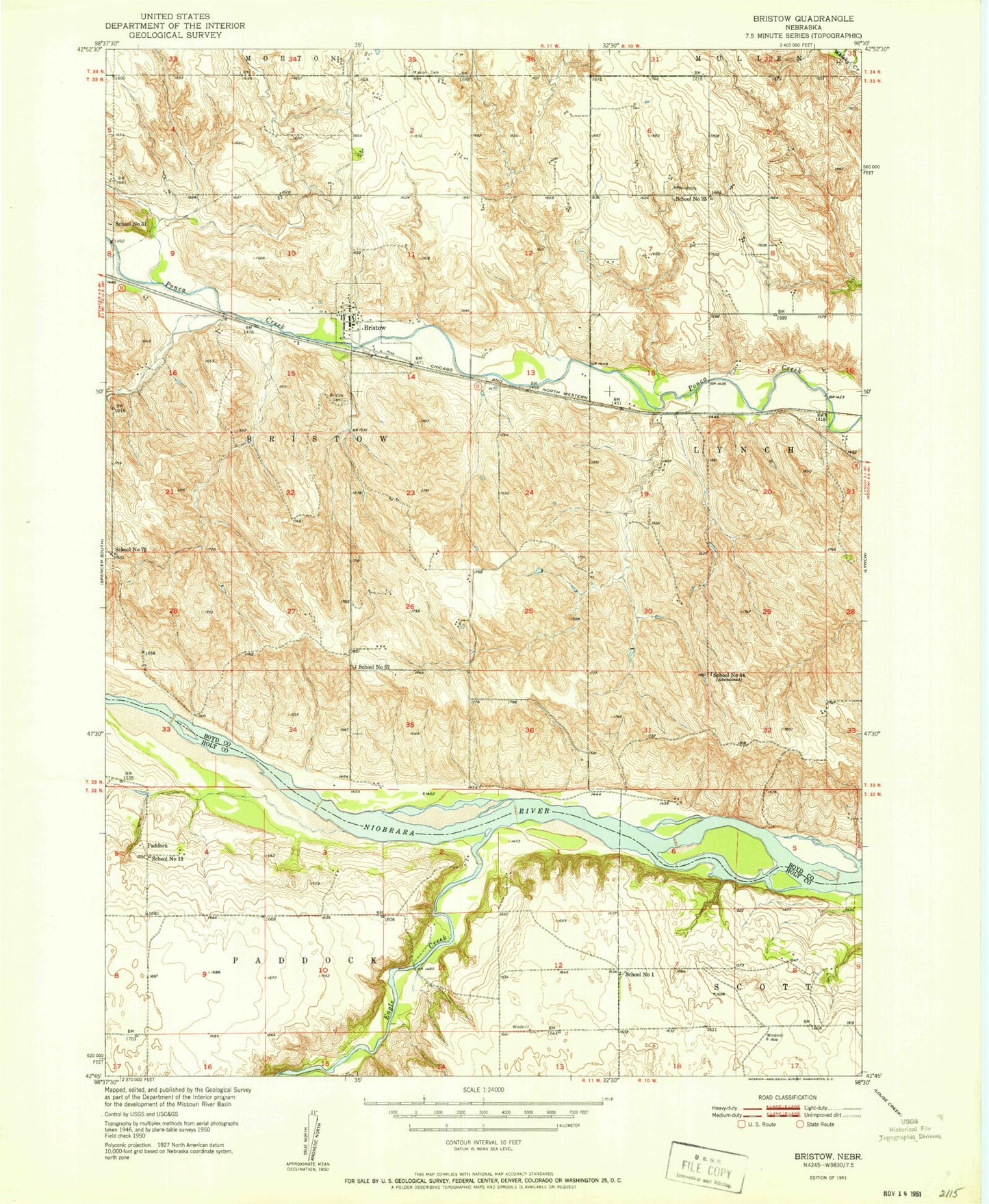 Classic USGS Bristow Nebraska 7.5'x7.5' Topo Map Image