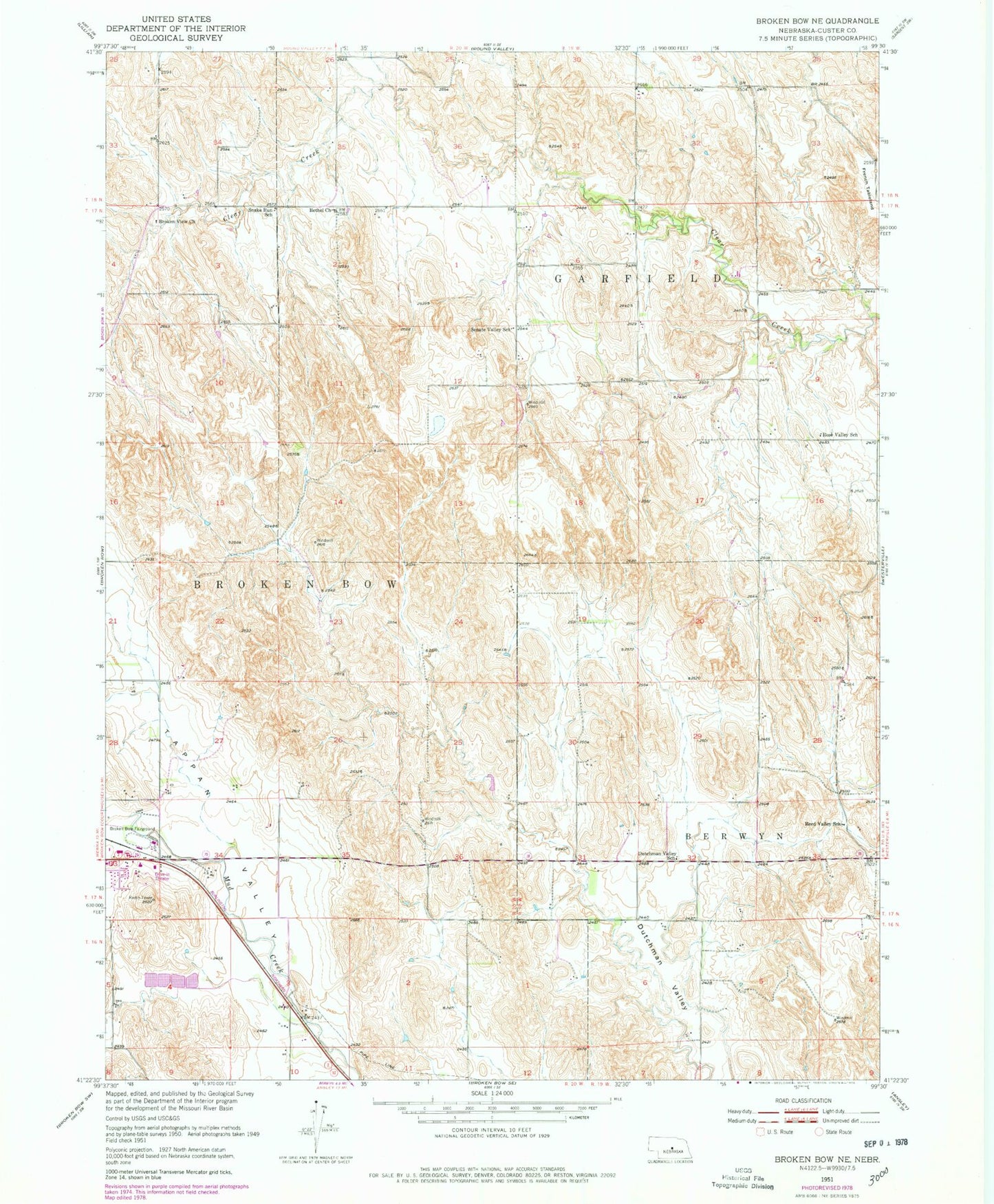 Classic USGS Broken Bow NE Nebraska 7.5'x7.5' Topo Map Image