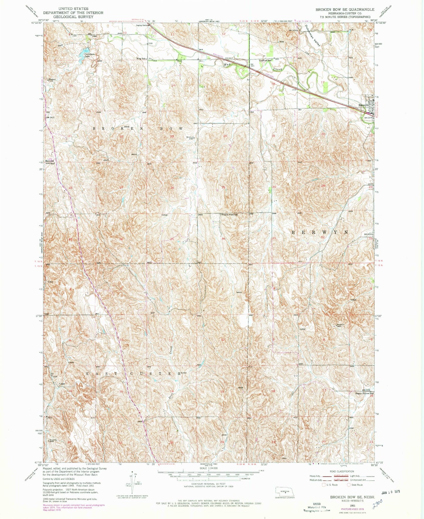 Classic USGS Broken Bow SE Nebraska 7.5'x7.5' Topo Map Image