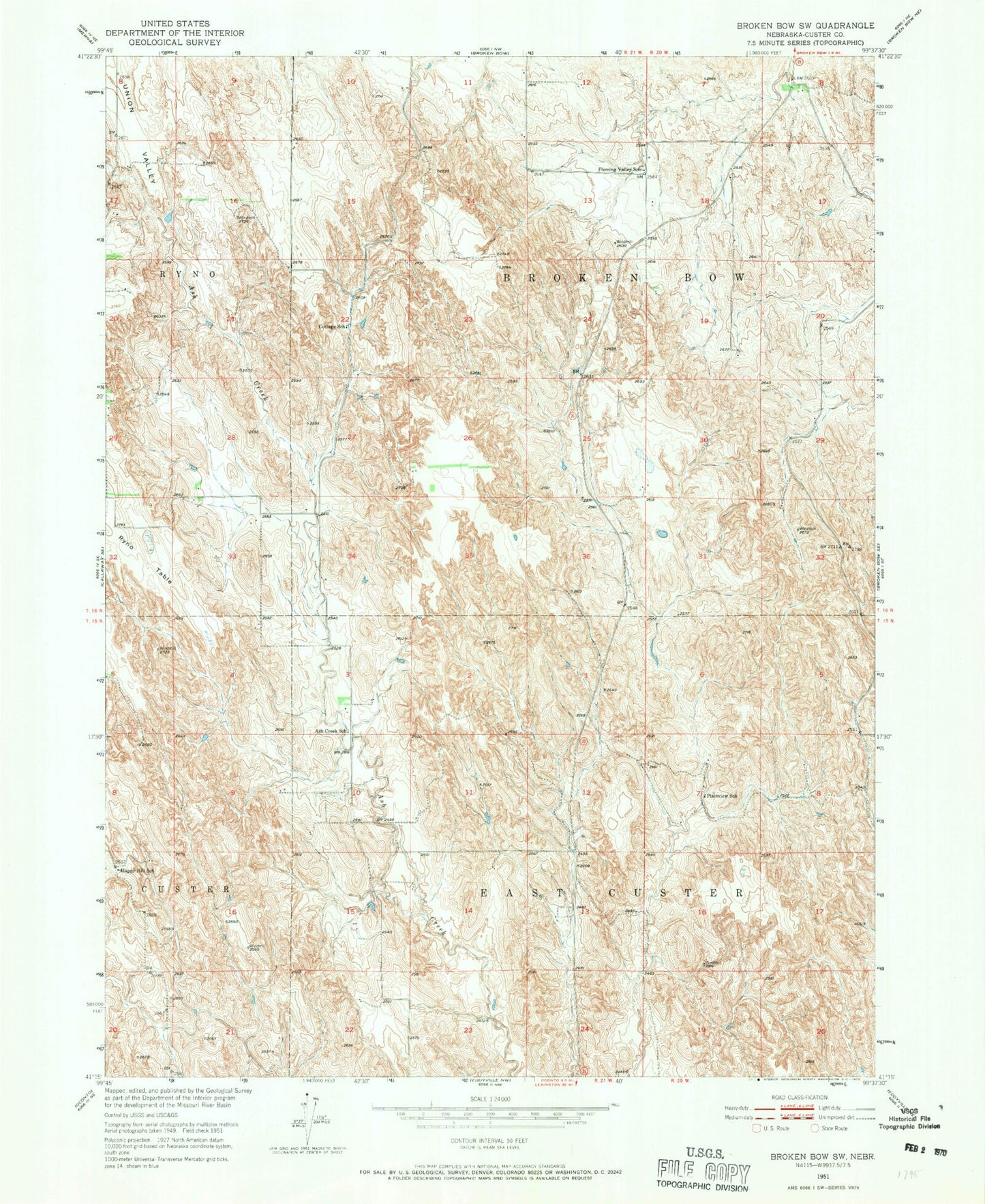 Classic USGS Broken Bow SW Nebraska 7.5'x7.5' Topo Map Image