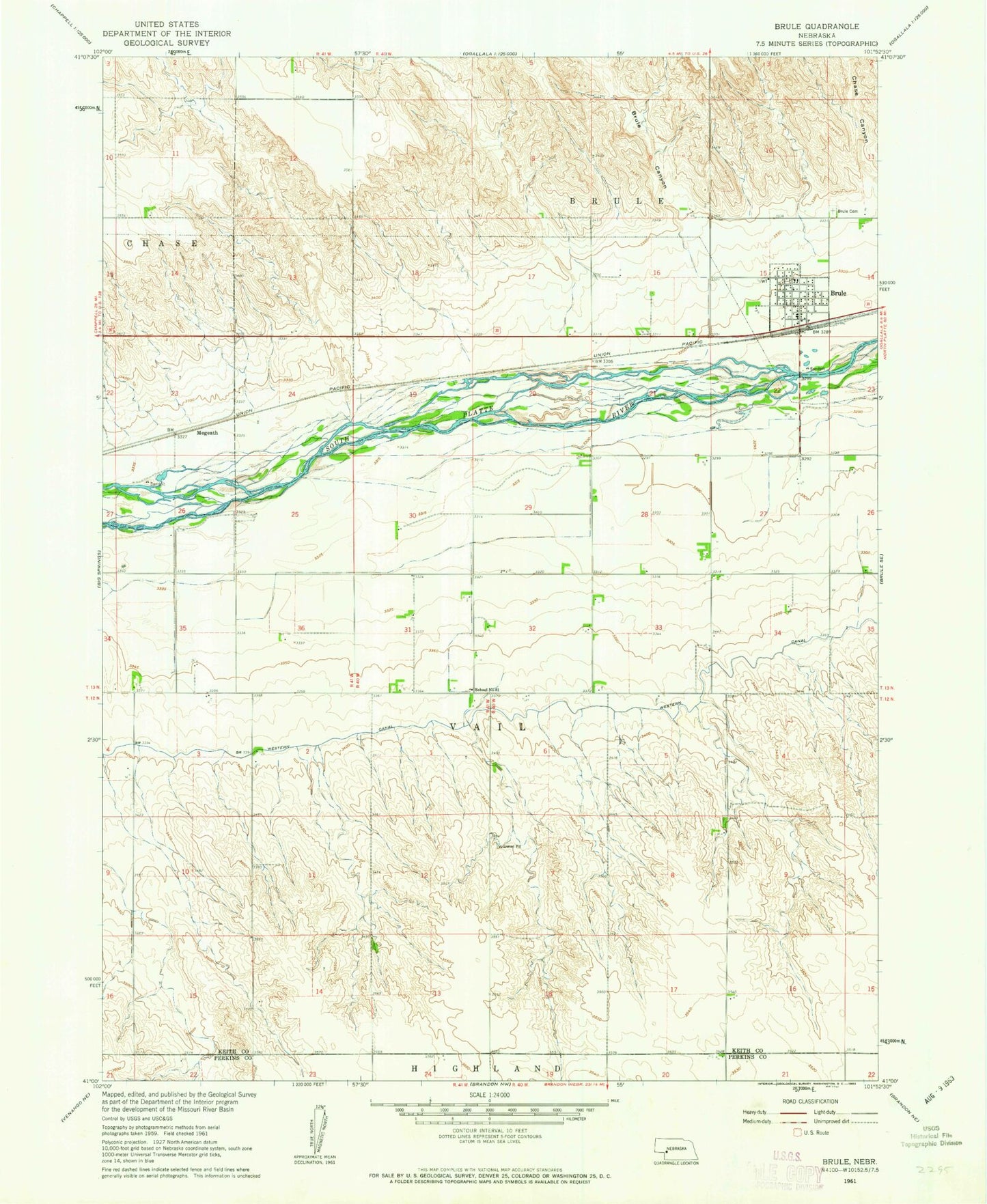 Classic USGS Brule Nebraska 7.5'x7.5' Topo Map Image