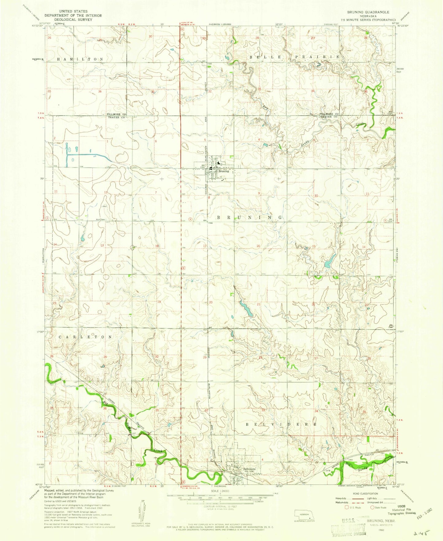 Classic USGS Bruning Nebraska 7.5'x7.5' Topo Map Image