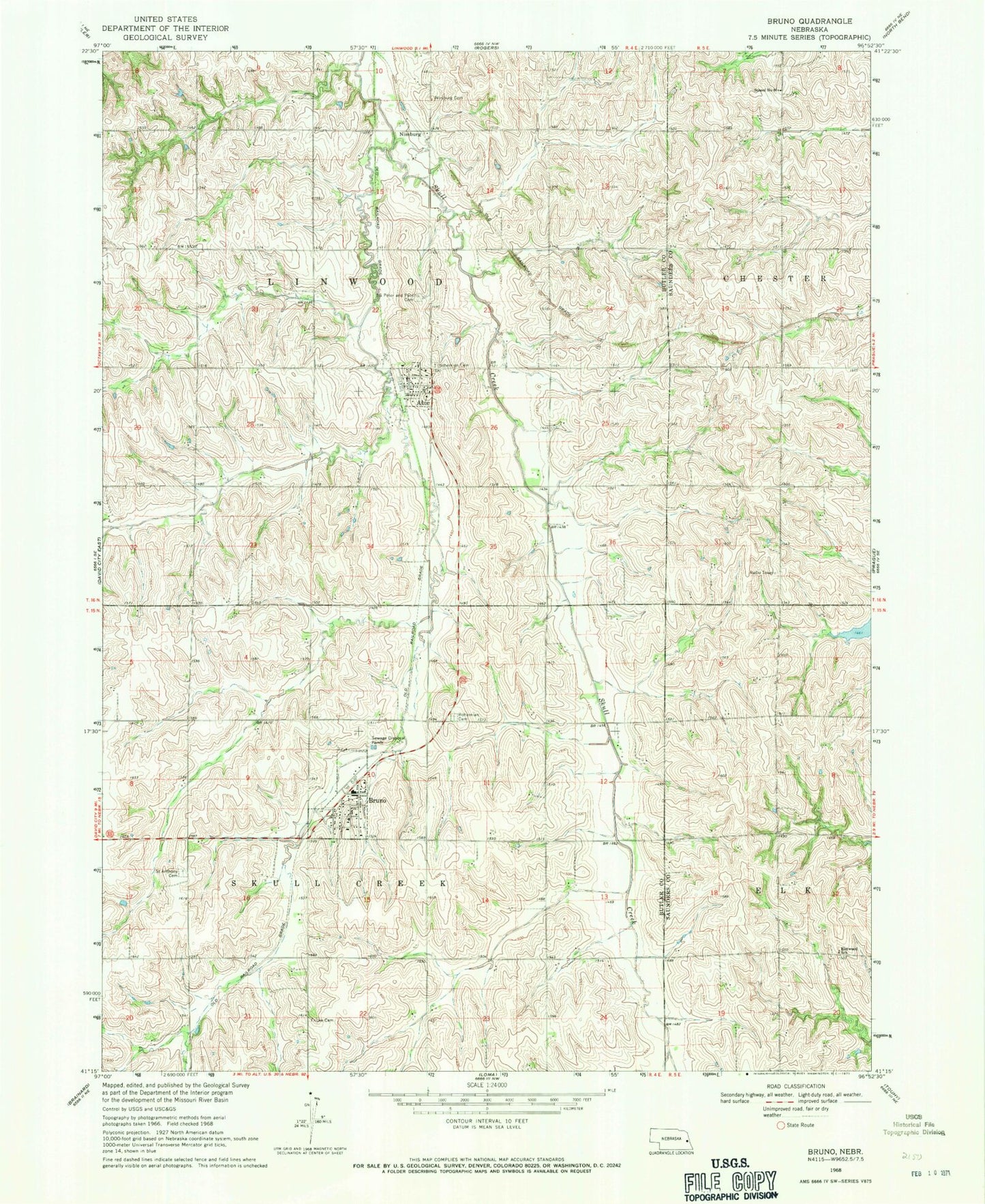 Classic USGS Bruno Nebraska 7.5'x7.5' Topo Map Image