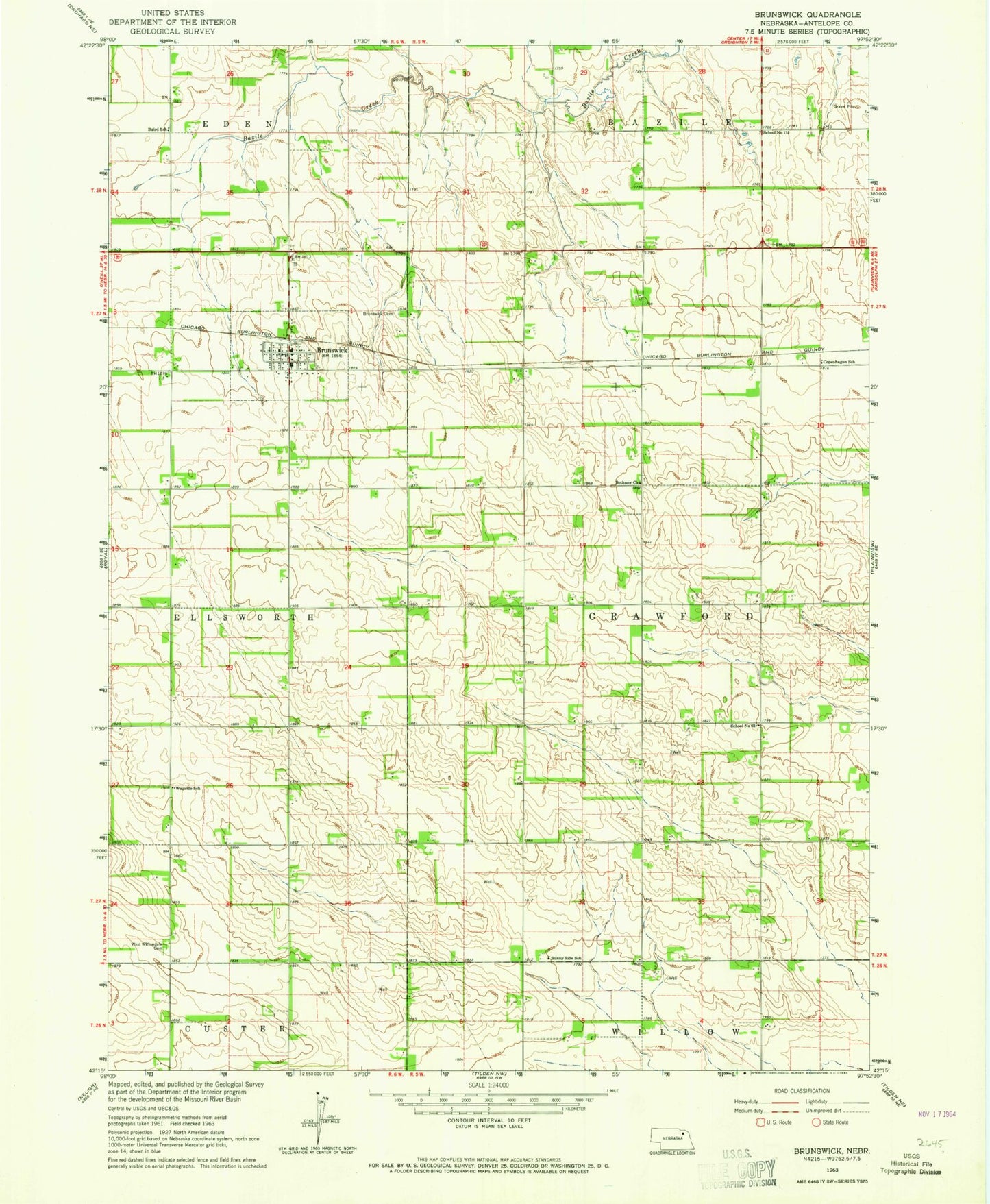 Classic USGS Brunswick Nebraska 7.5'x7.5' Topo Map Image
