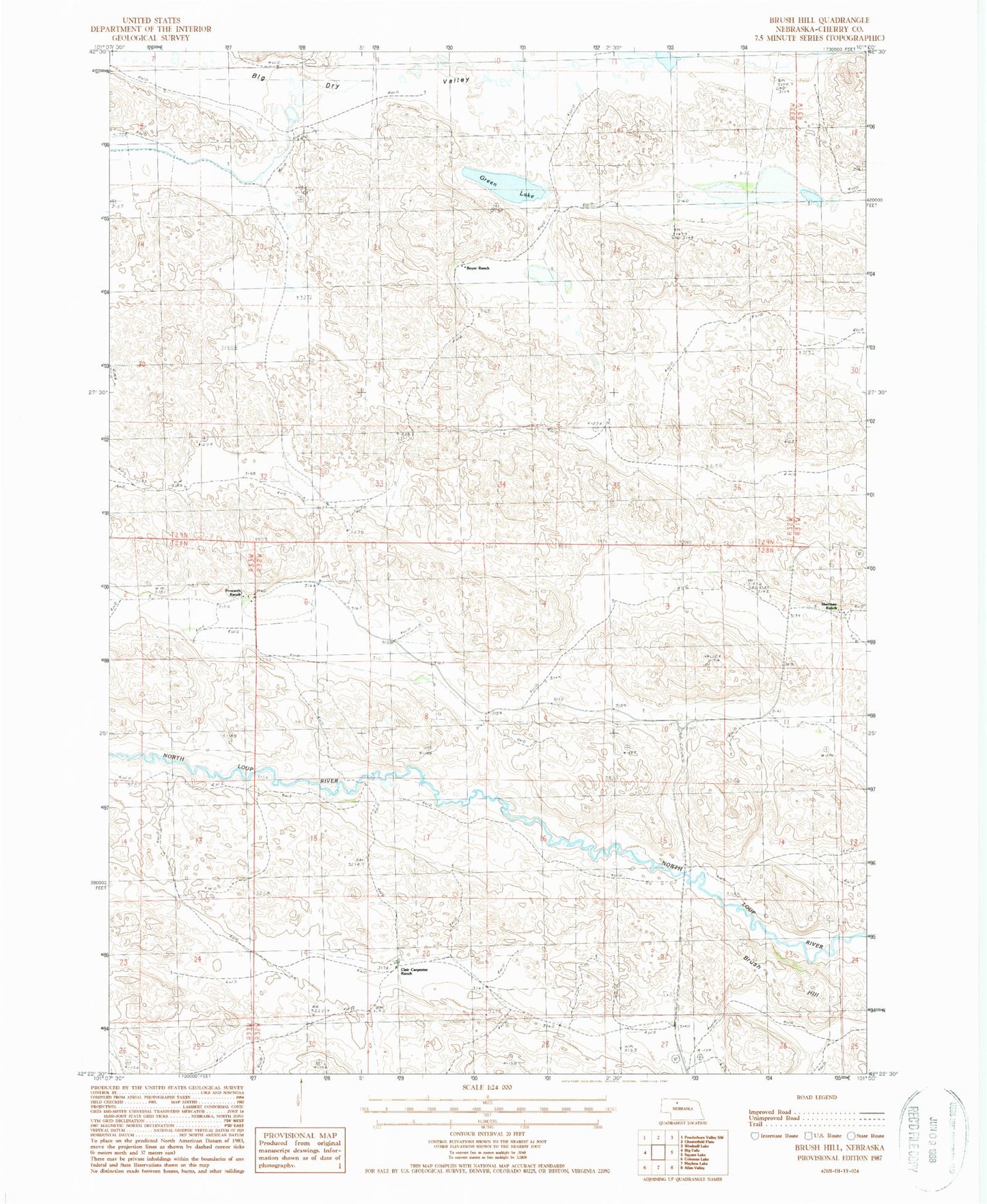 Classic USGS Brush Hill Nebraska 7.5'x7.5' Topo Map Image