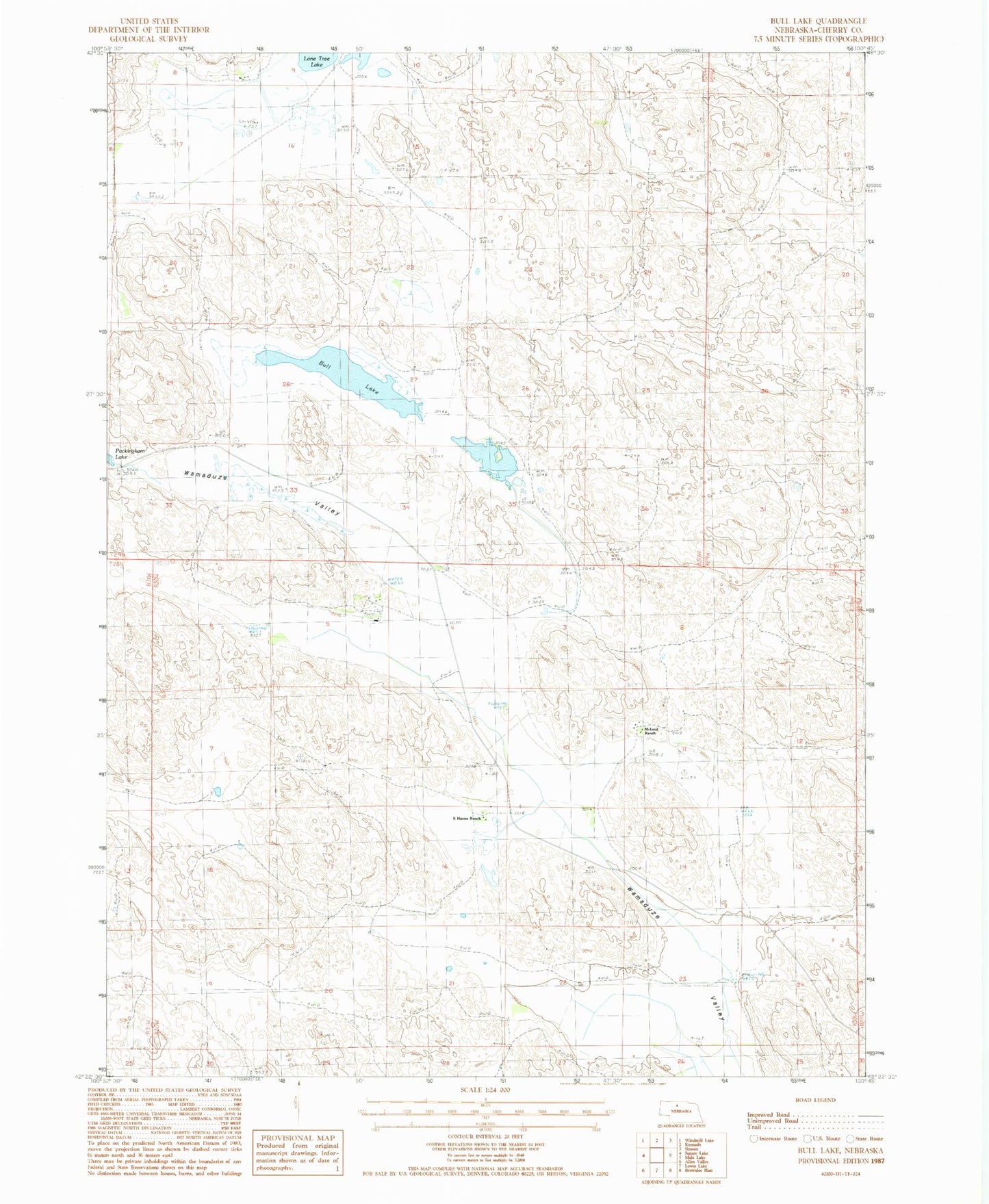 Classic USGS Bull Lake Nebraska 7.5'x7.5' Topo Map Image