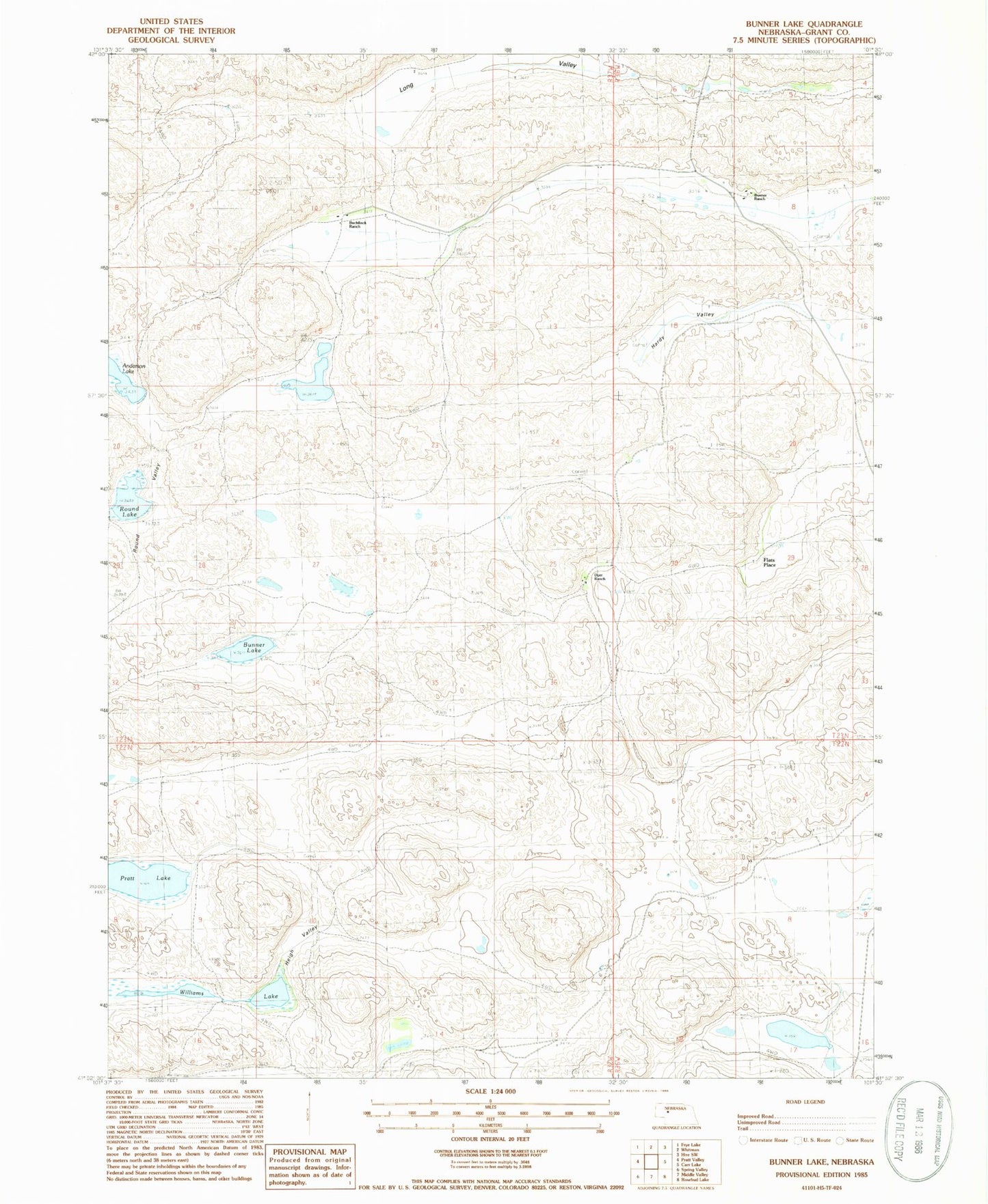 Classic USGS Bunner Lake Nebraska 7.5'x7.5' Topo Map Image
