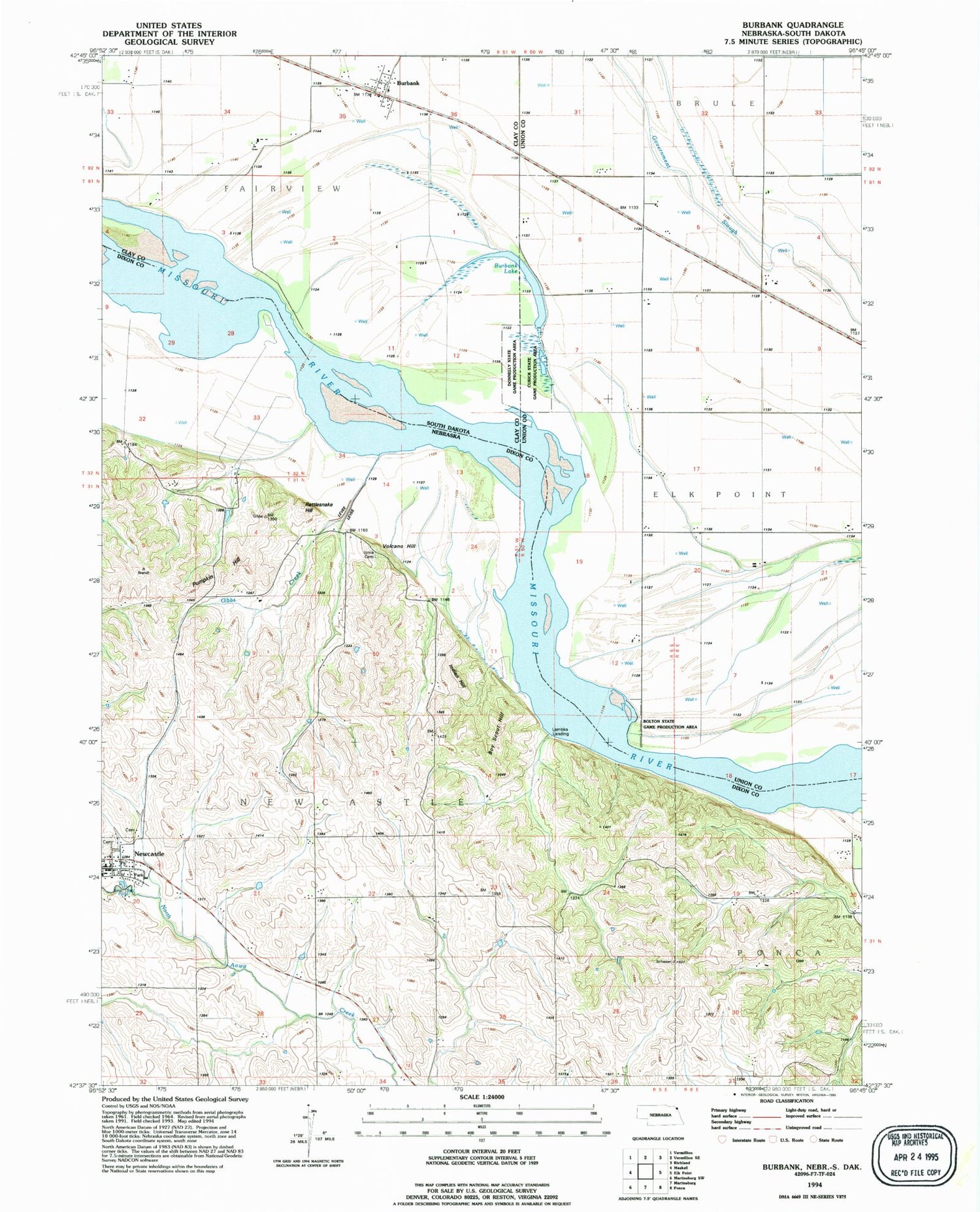 Classic USGS Burbank South Dakota 7.5'x7.5' Topo Map Image