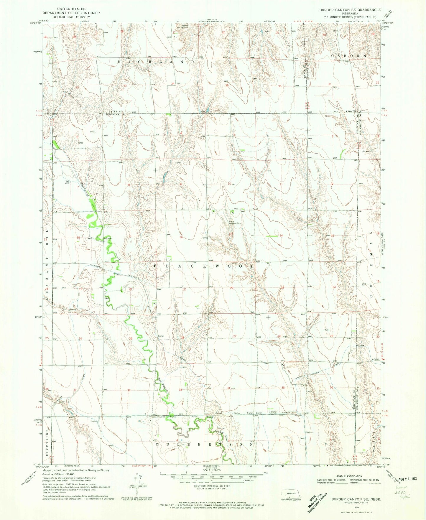 Classic USGS Burger Canyon SE Nebraska 7.5'x7.5' Topo Map Image